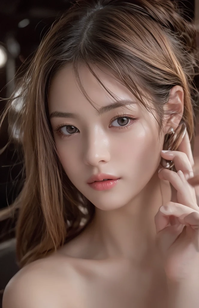 ((highest quality、8k、masterpiece:1.3))、One Girl、Laughter、Full Body Lesbian、Slim face、Beautiful woman、(Dark brown hair)、Sexy underwear:1.5、Ultra detailed face、Detailed eyes、double eyelid、Blurred Background、Slim face、bus、shower