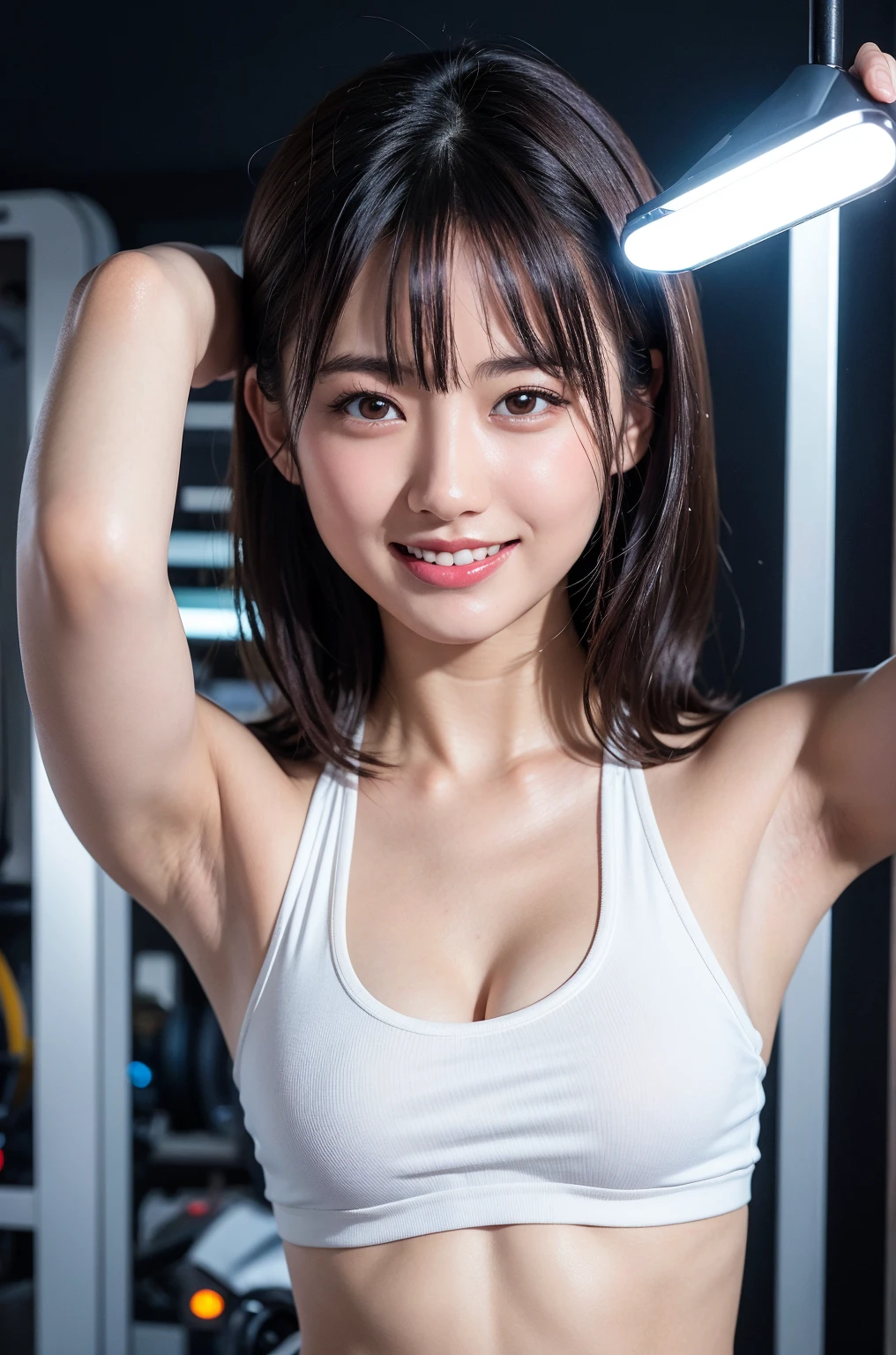 Flying debris, Highest quality, shape, Very detailed, finely, High resolution, 8k wallpaper, Perfect dynamic composition, finelyてBeautiful Eyes,Medium Hair,Small breasts Natural color Lips, Bold sexy pose,smile,Harajuku、20-year-old girl、cute、sexy shot looking at camera、Black hair ponytail , whole body((Realistic lighting, Highest quality, 8k, masterpiece: 1.3)), Clear focus: 1.2, 1 girl, Perfect shape: 1.4,(Cheerleader:1.3),(Outdoor:1.5),(Look under your armpits:1.5),(Stadium:1.1),(Cheer Dance:1.3) Very beautiful face, Beautiful Eyes, double eyelid,smile,(Your cheeks are red:1.3),(No nipples:1.2)