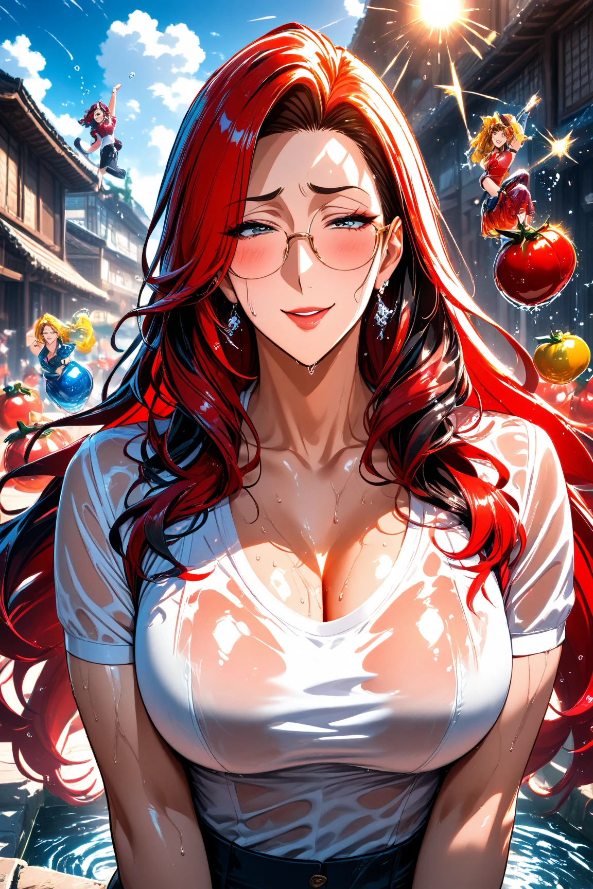 Alaf asian woman in red top and jeans poses for photo, red top, gorgeous chinese model, Beautiful Asian Girl, cleavage, Gorgeous young Korean woman, red body, with large breasts, Beautiful Asian Woman, goddess of Japan, buxom chested, Asian Girl, beautiful Korean women, busty, with a big chest, Big breasts,(((steam,Sweat,Lower grade))),,1 woman、lactation, glasses,breast milk ,Her hair is long but in a ponytail,red hair