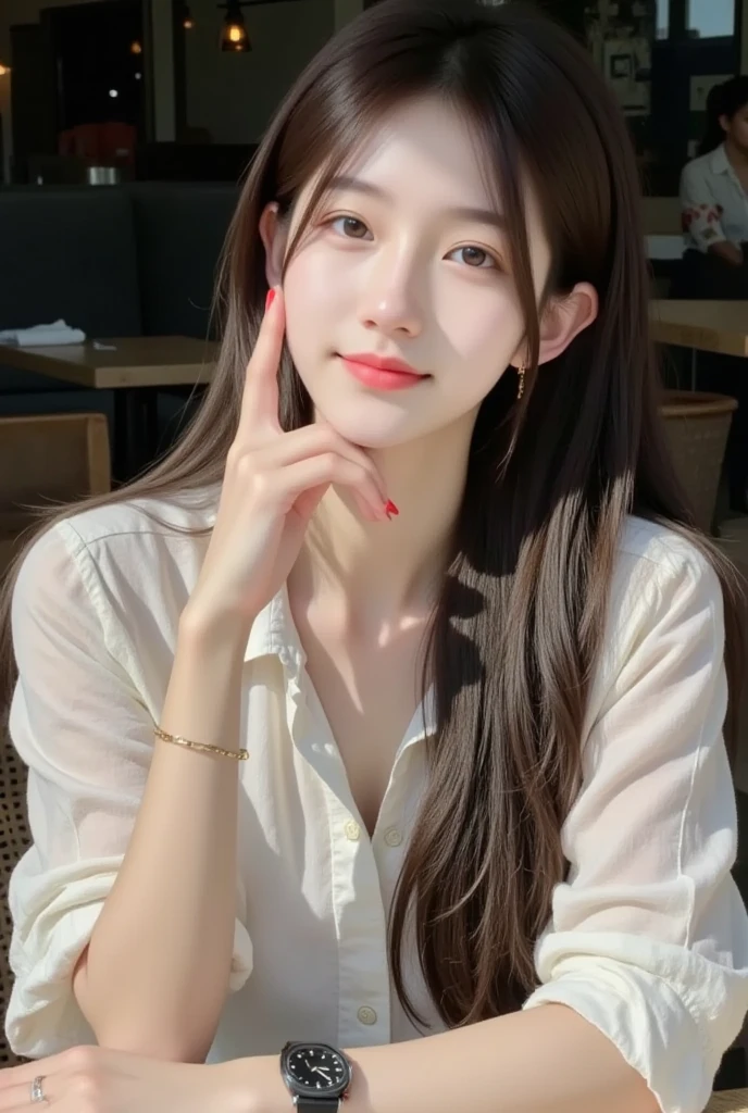Highest quality、1 person、Perfect Face、crew neck、White T-shirt、(flat chest:1.2)、Amateur sense、Reality、Narrow eyes、Small eyes、slender、Korean restaurant、