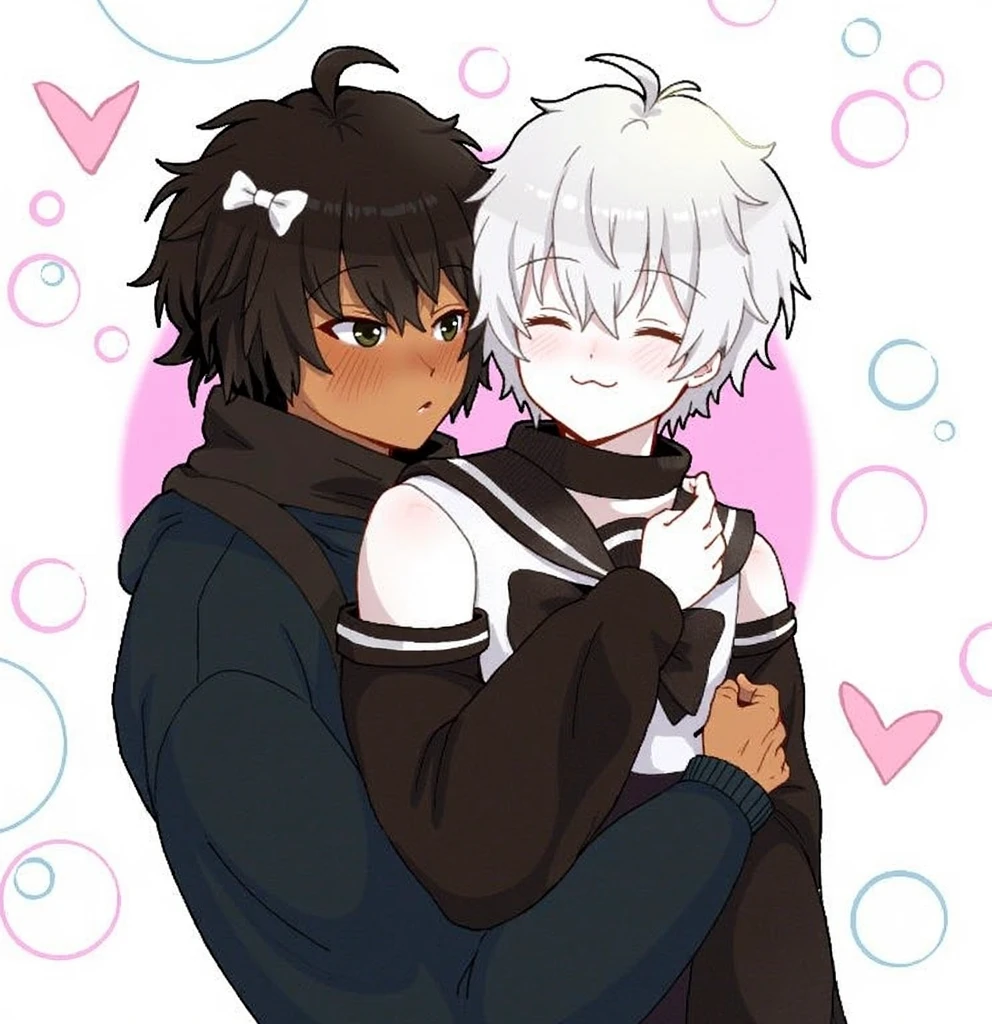 Young gay boyfriends celebrating two months of dating
Kissing and hugging
One is brown-skinned with white hair and tall
The other is white-skinned, brown hair and short stature
Both have rings in their ears
High resolution, simple background,