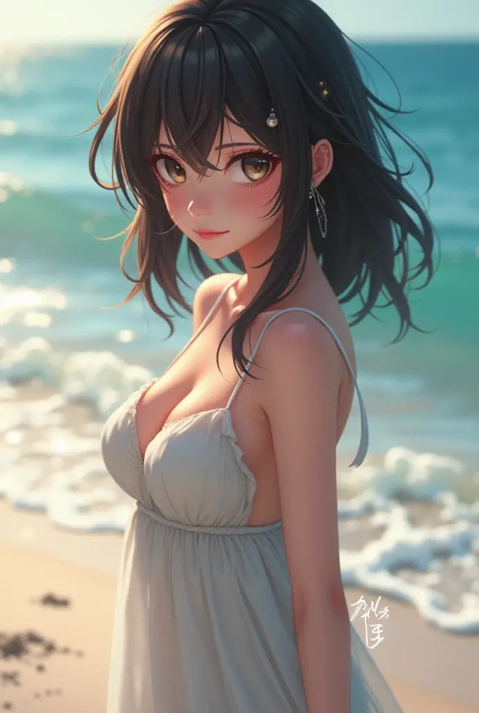 In 8K、Highest quality、masterpiece、Ultra-detailed、Ultra-high resolution、Anime Style、One woman、White sand beach、White tank top、Leaning forward、Lens flare