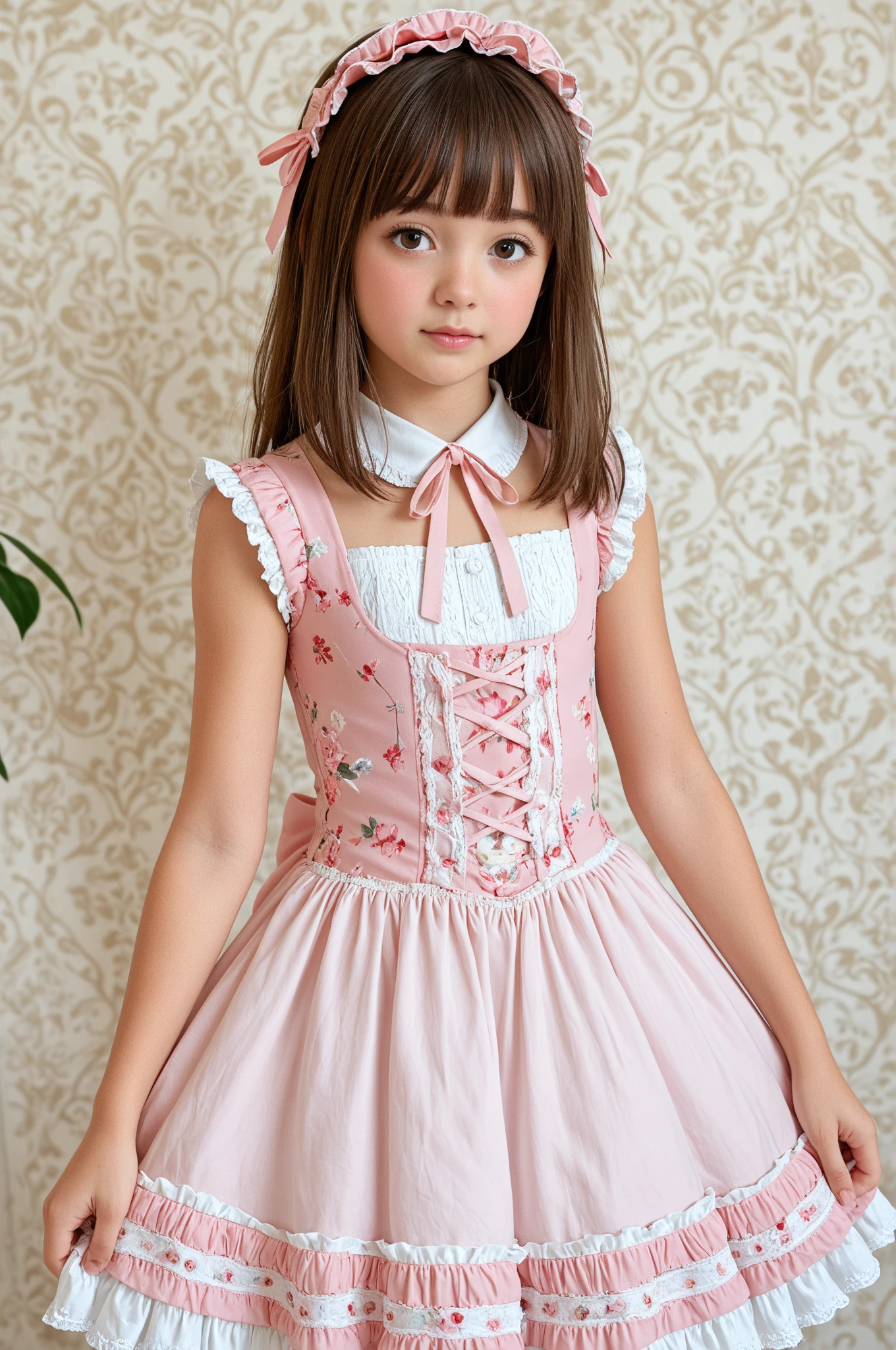 Amazing details, 8k photos, Hyperrealism, Professional Light, Realistic Background, Visual depth, Background blur, Wide-angle lens, whole body, (13 years old, cute, change, Flat Chest), One girl, Colored eyes, Blonde, (Lolita fashion: 1.5), (race, Frilled shirt, White petticoat, sneakers), (stuffed toy), pink cute backpack, street, fashion