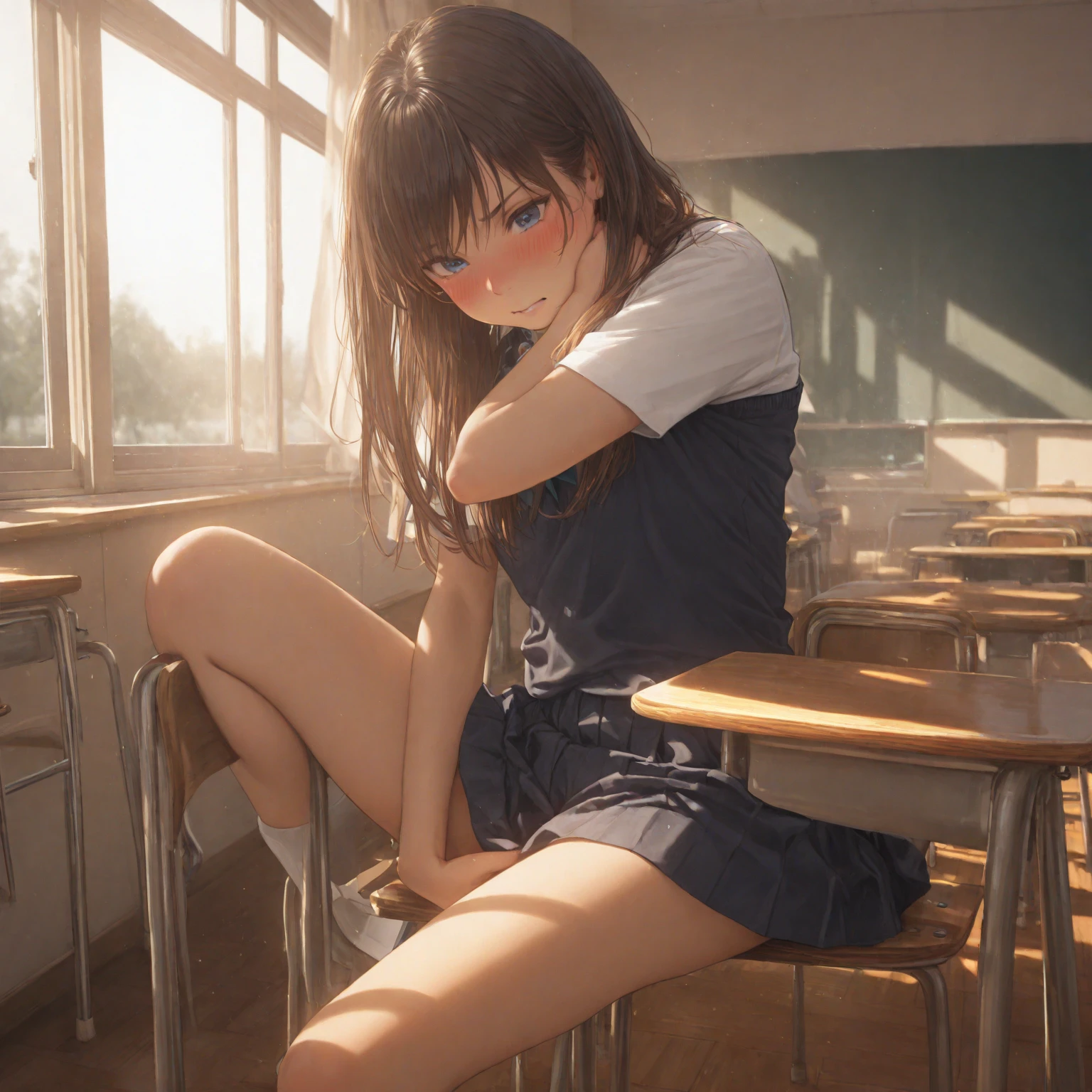 Move the center of gravity back, thin legs, 90 degree knees, heels on the ground, hands forward from both feet, put both feet in the hand circle, pretty embarrassing, classroom, RAW photos, 8K, best quality, short bob, super high resolution, beautiful face in detail, realistic human skin, gentle expression, front view, angle from below, realistic, photorealistic, cute, crouching deep inside, Japan schoolgirl, uniform see-through, wearing loafers, wearing socks, whole body, look of shame, open crotch, no skirt, wet body,
