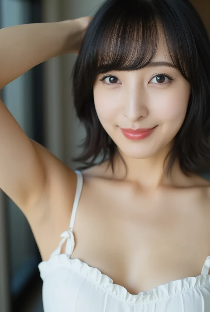 (masterpiece:1.4), (best quality:1.4),Japanese,20 years old,cute girl, 1girl, looking at viewer,(cute smile),solo,(undressing),(undressing knit), armpit,underwear, bra, arms up,night, undressing, cute black bra, realistic,medium breast