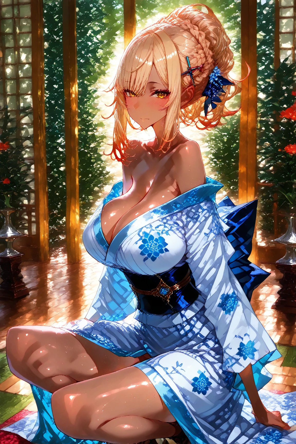 Your influencer character(sexy milf boobs) with short blonde hair dressed in a Japanese Kimono sitting under a cherry blossom tree enjoying herself with the cherry blossom flowers having a picnic with her friends cute and lovely expression bright coloring pink theme posture 