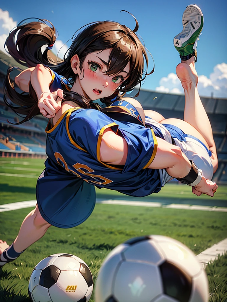 high quality,hd,16k,sharp line,1girl,female rugby  athlete ,cute face, middle ???????, nice legs, sweat,in rugby venue,focus girl,detailed beautiful face,detailed clothes,beautiful eyes,cool,dynamic angle