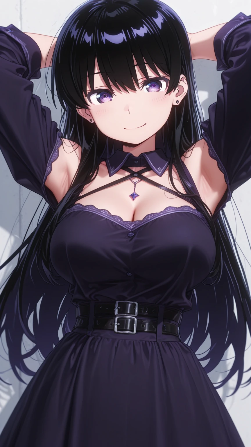 ((Highest quality)), Ultra-high resolution,Adult women, alone, sexy, (Tired face), (Light purple eyes), Beautiful face in every detail,(High resolution detail of human skin texture), (Black irregular long hair), Black Gothic Dress,Black long skirt,Realistic:1.4,Realistic:1.4,Dark room,((masterpiece)),Perfect Eyes,Perfect Eyes,(Sleep-deprived face),Curvy Body,Black eyeliner under the eyes,Peering into the audience