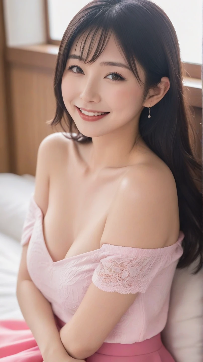 highest quality, Photoreal, finely, High resolution, 8k wallpaper, perfect dynamic composition, beautiful and detailed eyes, black hair、big and full breasts, random sexy pose,chest to chest、(Breast bulge 1.3)、laughter、(droopy eyes 1.4)、adult beauty、Japanese、look at the person taking the photo、(midnight,beautiful and detailed sky,Detailed cafe,sitting,date,Floating hair NovaFrogStyle,pink dress)、20 year old girl