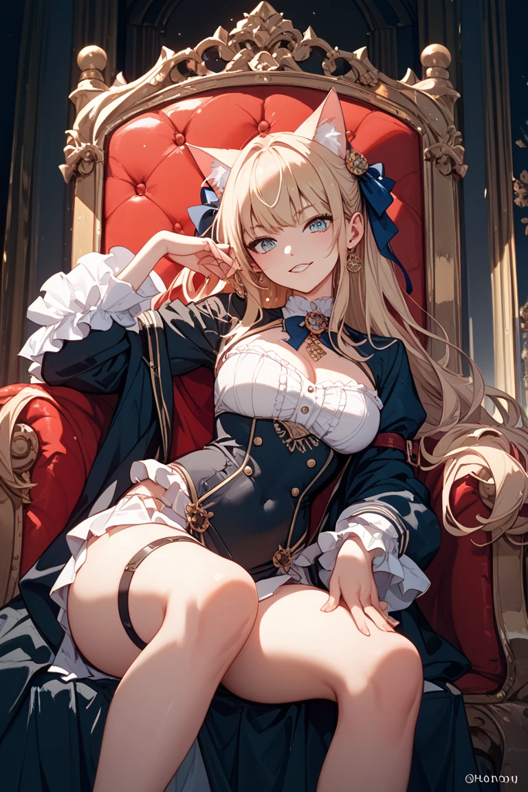 masterpiece, best quality, 1girl, (WarspiteOG), solo, long hair, mini crown, blue eyes, off-shoulder dress, long sleeves, thighhighs, ribbon, necklace, ribbon, hairband, rose, cleavage, garter straps, corset, closed mouth, serious, scepter, crossed leg, , sitting on throne, union jack, red carpet, sunbeam, (blue theme), <lora:hiqcg_body_epoch:0.3:Faceexcstrong>