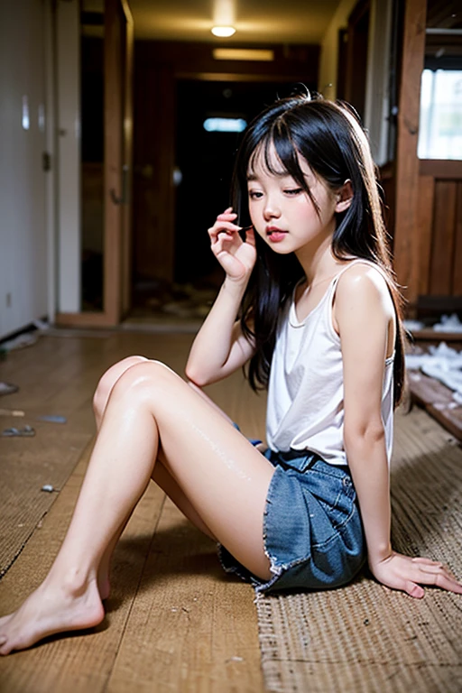 (masterpiece, highest quality:1.4), Award-winning portraits, 8K, 85mm, alone, Beautiful Face, Delicate girl, Biolaces, Gardenia, grace, Sophisticated, cute, Teen, Watching the audience, 15 years old, Raw photo, Disorganized, HDR, Sharp focus, Background bokeh、(((flat 、thin and delicate body、A childish atmosphere、basement、naked)))、Her shiny semi-long hair is tied up、swaying hair、Mole on the left cheek、large, round, dark blue eyes、Full Body、Random pose、Junior idol、Nogizaka Idol、Mole under the eye、sexy