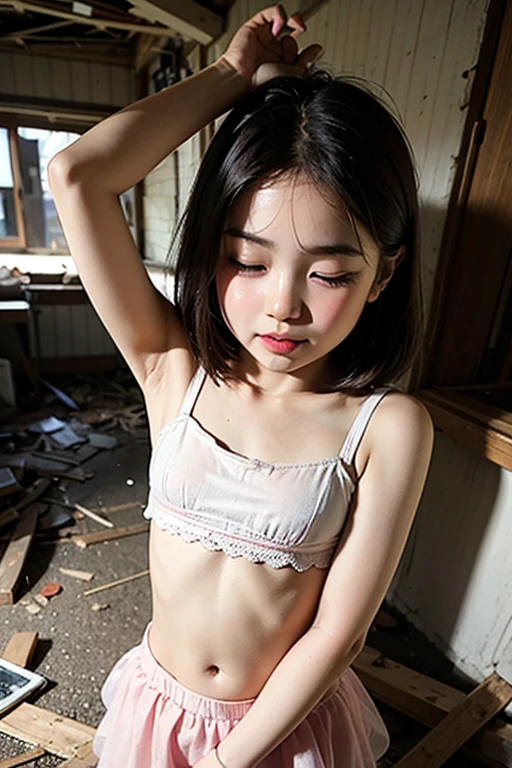 (masterpiece, highest quality:1.4), award-winning portraits, 8K, 85mm, alone, beautiful face, delicate girl, violaces, gardenia, grace, Sophisticated, cute, teen, looking at the viewer, 15 years old, Raw photo, disorganized, HDR, sharp focus, background bokeh、(((flat 、thin and delicate body、A childish atmosphere、basement)))、Her shiny semi-long hair is tied up、swaying hair、Mole on the left cheek、large, round, dark blue eyes、full body、random pose、Junior idol、Nogizaka Idol、mole under eye、sexy、naked