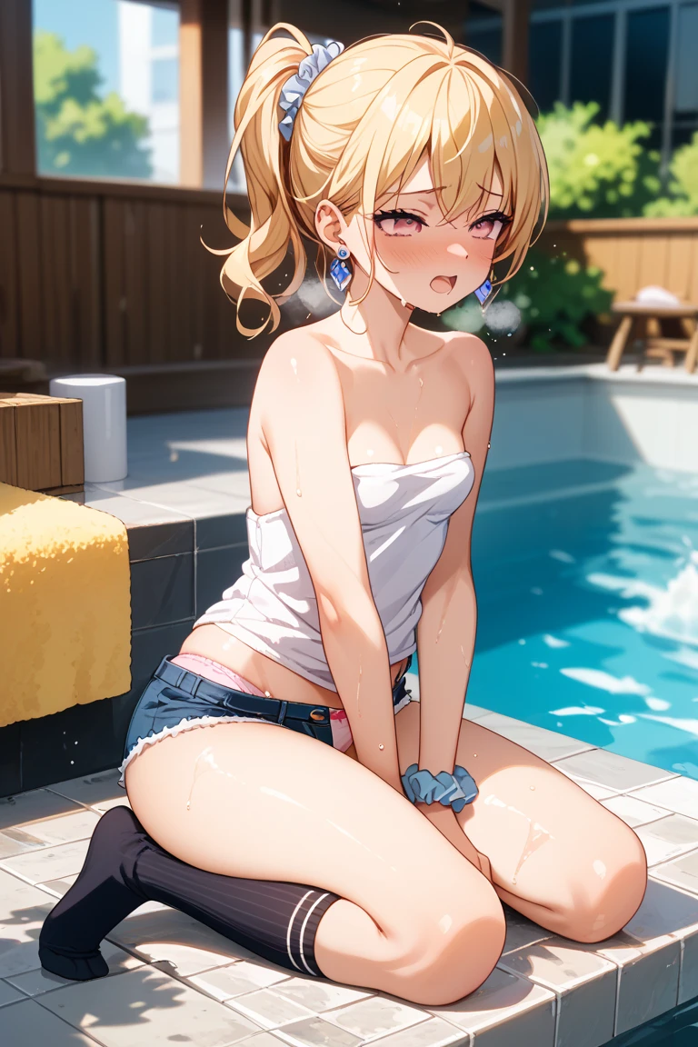 lighting like a movie、top-quality、1womanl、sports bikinis、sandpit、full of sweat、sitting and spreading her legs、Ecstatic face、poneyTail、(((pee stain)))、sandpit、