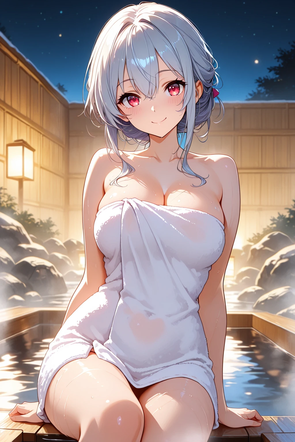 (masterpiece)、(highest quality)、((Super detailed))、(super delicate)、pastel colored hair、beautiful breasts、yukata、Hot spring at night、fantastic starry sky