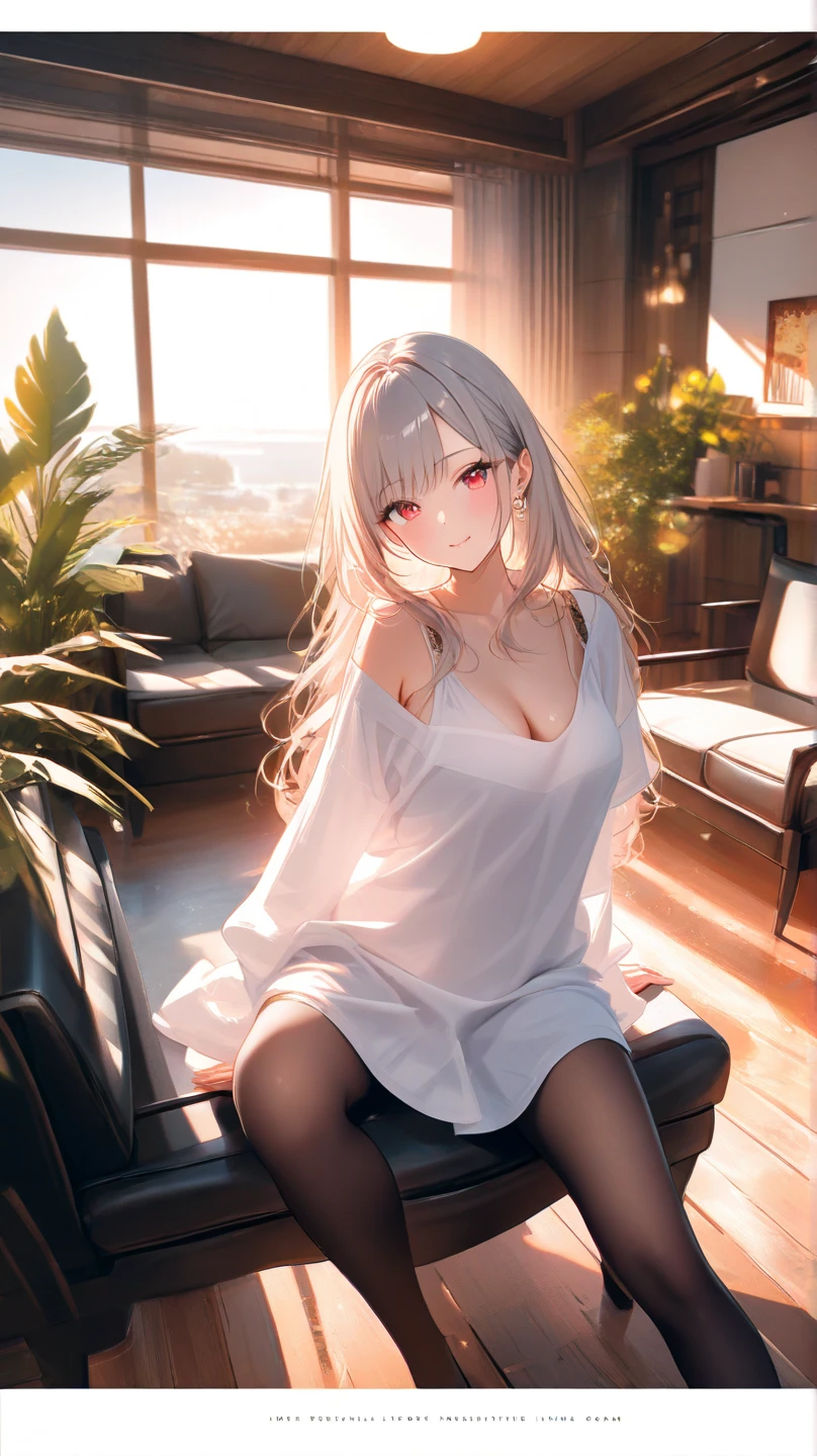 best quality, high resolution, 8k, masterpiece, immersive atmosphere, bright light 1:2, luminous lighting, a beautiful girl, 24 year old, long hair, delicate features, photography, real skin, slender ,bright lips, sit on the sofa indoor
