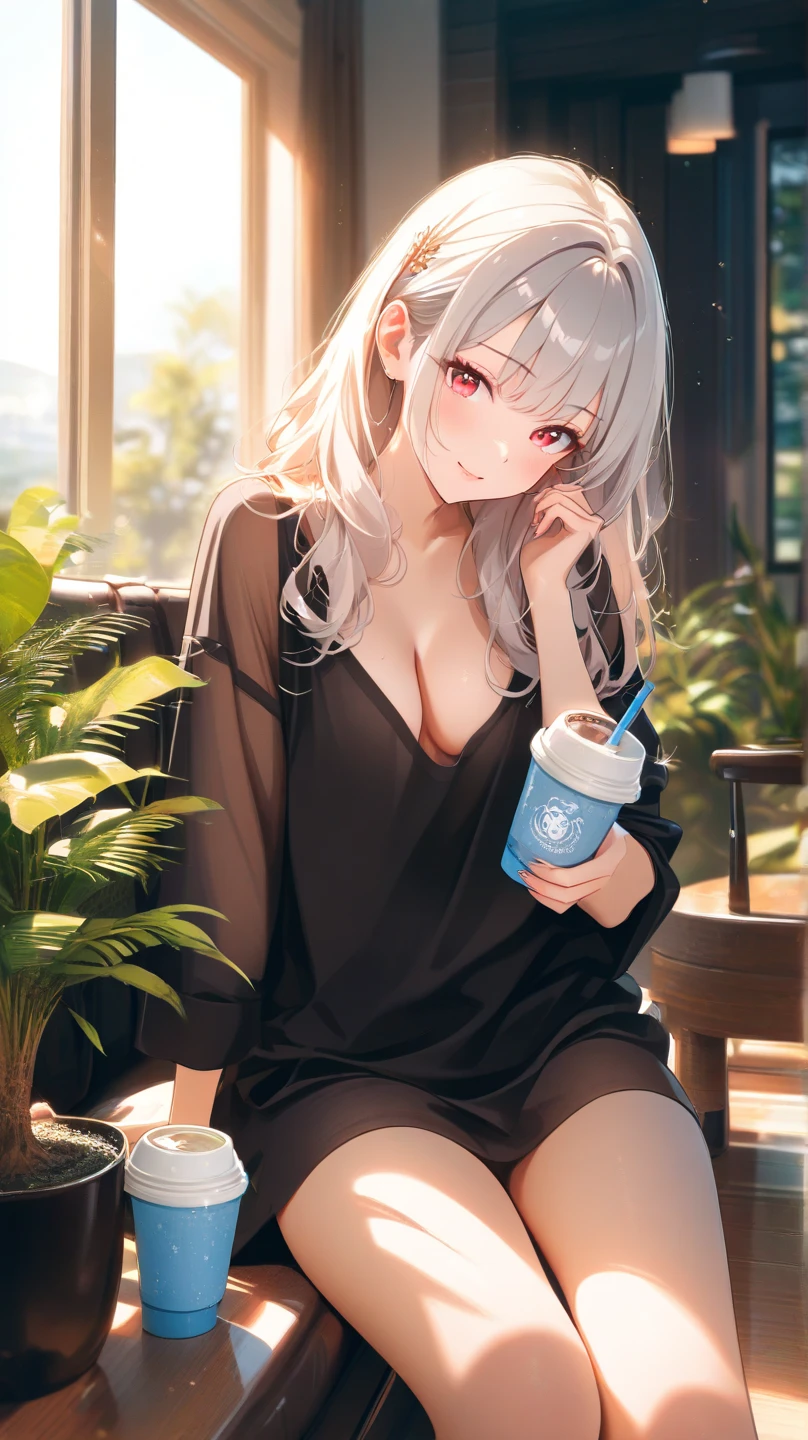 (8K, Best Quality, Masterpiece:1.3)), Ultra High Resolution, (1 Girl, 1 Person), (Color Changing Eyes, Super Detailed, Expressive Sparkle, Sparkling, Glowing Eyes), Highly Detailed Eyes, Highly Detailed Face, Random Hair, (Silver Gray Color), "Woman Wearing a Casual Top with a Low Neckline". The background is a corner of a relaxed cafe, with natural wooden tables and warm indirect lighting creating a calm atmosphere. The cafe walls are decorated with simple art, and casual drinks and snacks are placed on the tables. The woman is captured at an angle from above, with her silver hair falling in soft curls on her shoulders.

She is wearing a light beige casual top with a low neckline. Her décolletage is exposed, and a simple bra can be seen underneath. The lace details of the bra are slightly visible, and the soft fabric of the top fits gently to her body. The cut of the top is designed to accentuate her low neckline.

Her face is smiling and she is slightly blushing, matching her natural charm with the relaxed atmosphere of the cafe. The warm decor and soft lighting in the background complement her figure and add a soft, dreamy glow to the whole look.

Her face is calm and she is smiling confidently. Her blush is natural and matches the stylish atmosphere of the office. The clean decor and bright lighting in the background complement her figure and add a sophisticated glow to the whole look.