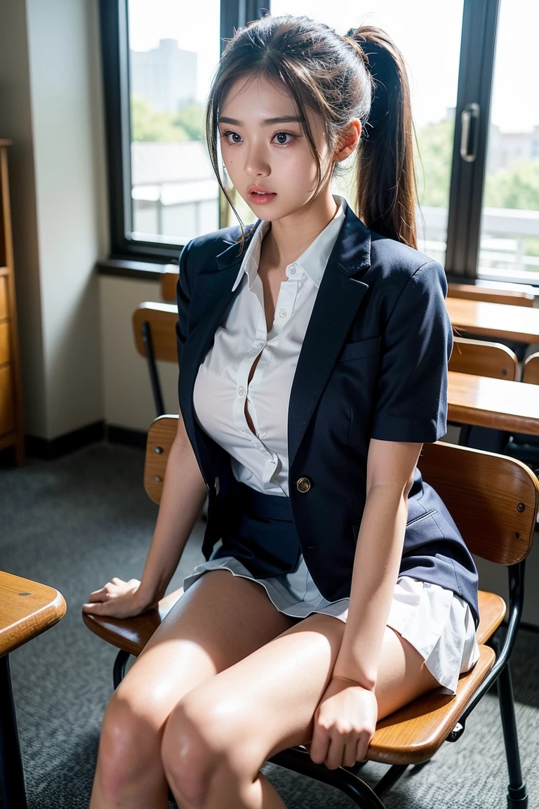 (best quality,4k,8k,highres,masterpiece:1.2),ultra-detailed,(realistic,photorealistic,photo-realistic:1.4), profesional photograph by dunitskiy david, natural light, portraits, a beautiful young japanese girl, 17 years old, wearing ((grey blazer, red ribbon, socks, high school uniform: 1.4), very low neckline, exposed cleavage), sadness look, soft glow, elegant beauty, detailed blue grey eyes, sexy pose, delicate skin texture, flowing messy hair, innocent expression, skinny posture, collarbone, naturally sagging breast, hugeboobs, knees up, squat pose, spread legs, (classroom with low light:1.4), subtle shadows, dark and scary background, shallow depth of field, high contrast, dark and foggy atmosphere, fine art photography, low angle, (seen from below:1.0), photon mapping, 