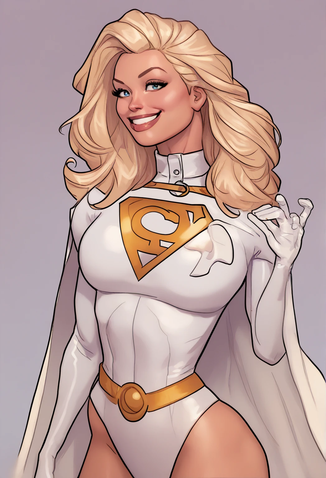 score_9, score_8_up, score_7_up, score_6_up, score_5_up, score_4_up, Sexy, Superheroine, blonde hair, green eyes, long hair, busty, ((White skimpy highleg leotard with a t-back thong)), gold belt, gold cape, thin white headband, cleavage cutout, grin, happy expression