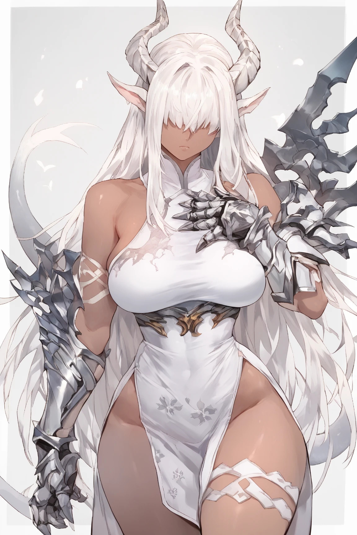 1 sheep woman, sheep's snout, shaman outfit, white hair, sheep horns, dark-skinned female,  furry_female, dark skin, sheep skin, fur sheep, anime art, muscular female, biceps, muscular thighs, pointed nails, messy hair, very long_hair, hair between eyes, white eyes, perfect eyes, shaman armor, furry, moonlight, fur_trim, monster_girl, original, (masterpiece), (illustration), (extremely fine and beautiful), perfect detailed, photorealistic, (beautiful and clear background:1.25), (depth of field:0.7), forest, moon
