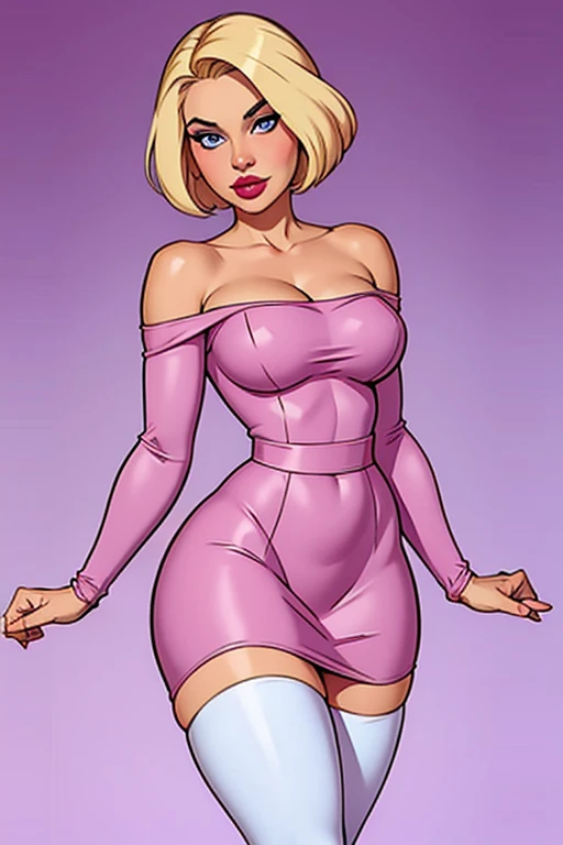 Blonde girl with short hair, blue eyes, smiling in party pose, wearing a short and tight pink mini dress, Neckline dress , and showing her thighs, wearing A pink And big fur stole draped over the shoulders