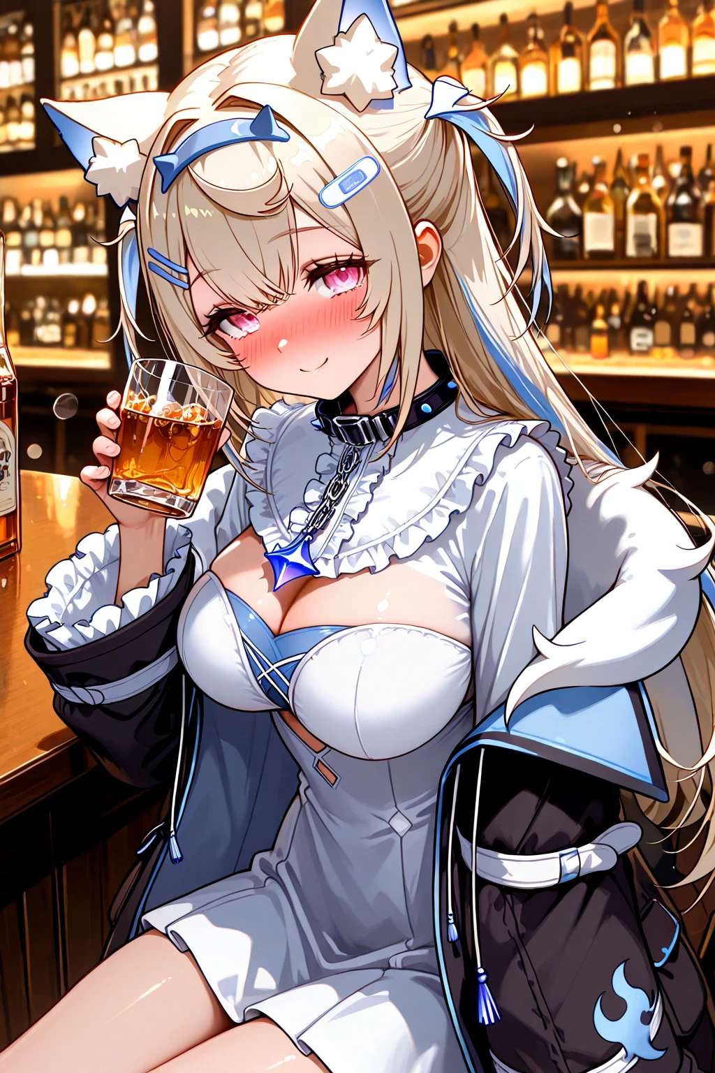 aesthetic, beautiful, best quality, high quality, masterpiece, 64K, UHD, HDR, extremely detailed, beautiful particle, crisp detail, crisp edges, rich color, sharp contrast, digital painting, dynamic lighting, subtle shadows, complex shading, depth of field, film grain, bokeh,
by luenar, 1girl, asuna (blue archive), asuna (bunny) (blue archive), breasts, solo, animal ears, thighband pantyhose, pantyhose, halo, official alternate costume, smile, cup, gloves, large breasts, playboy bunny, long hair, rabbit ears, crossed legs, hair over one eye, detached collar, fake animal ears, leotard, blue eyes, holding, sitting, cleavage, bow, white gloves, blue leotard, bowtie, looking at viewer, grin, bare shoulders, blue bowtie, drinking glass, alcohol, holding cup, bangs, indoors, blue bow, brown pantyhose, mole, hair ribbon, strapless, very long hair, eyes visible through hair, ribbon, blush, strapless leotard, light brown hair, blue ribbon, wine glass, hand up, mole on breast, wine, black pantyhose, elbow gloves, bar (place), bottle, <lora:luenar:1>