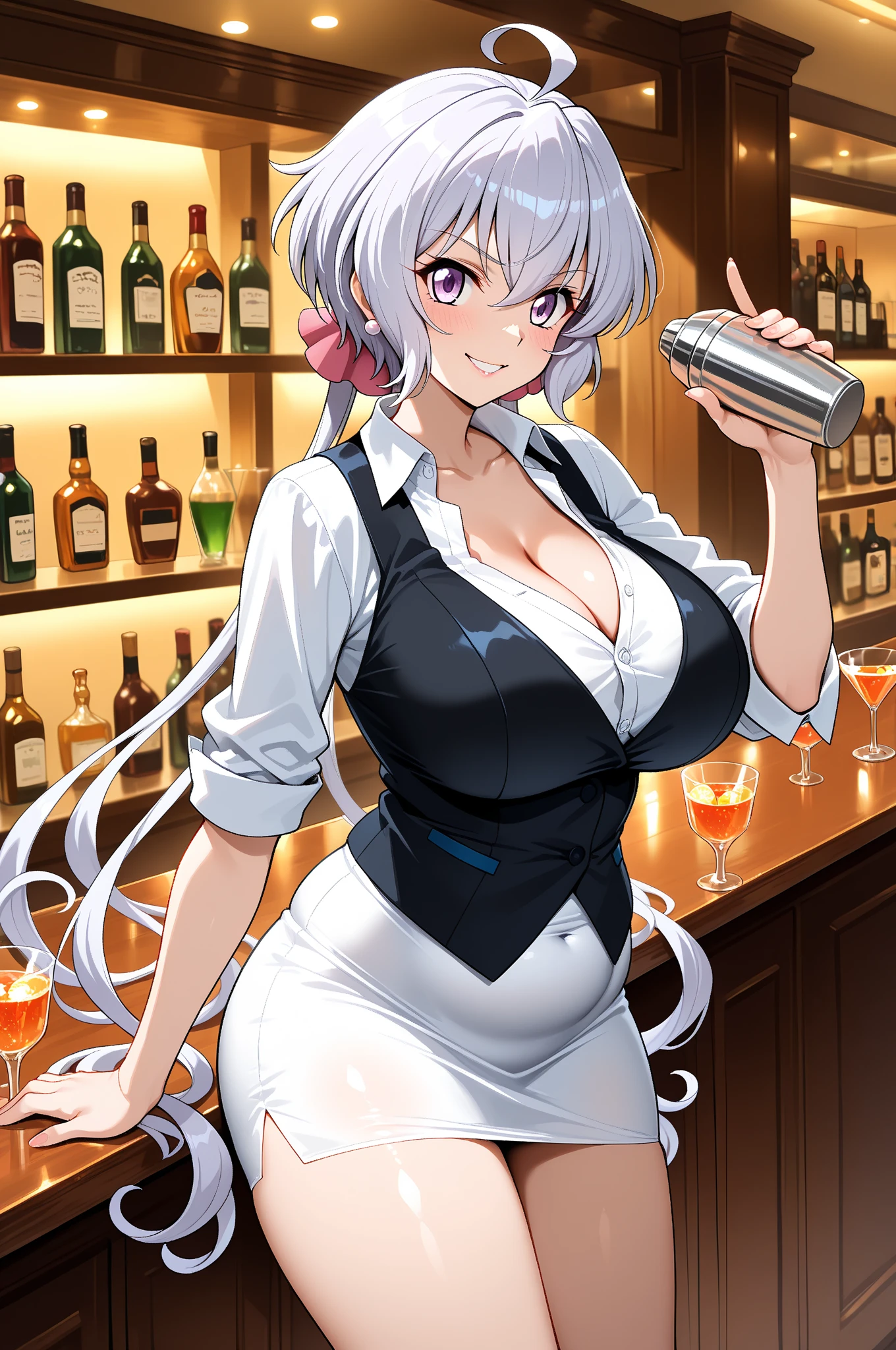 masterpiece,best quality,highres,ultra-detailed,aakari,blue eyes,long hair,ahoge,bangs,twin braids,hair ornament,playboy bunny,casino,holding tray,embarrassed,blush,standing,