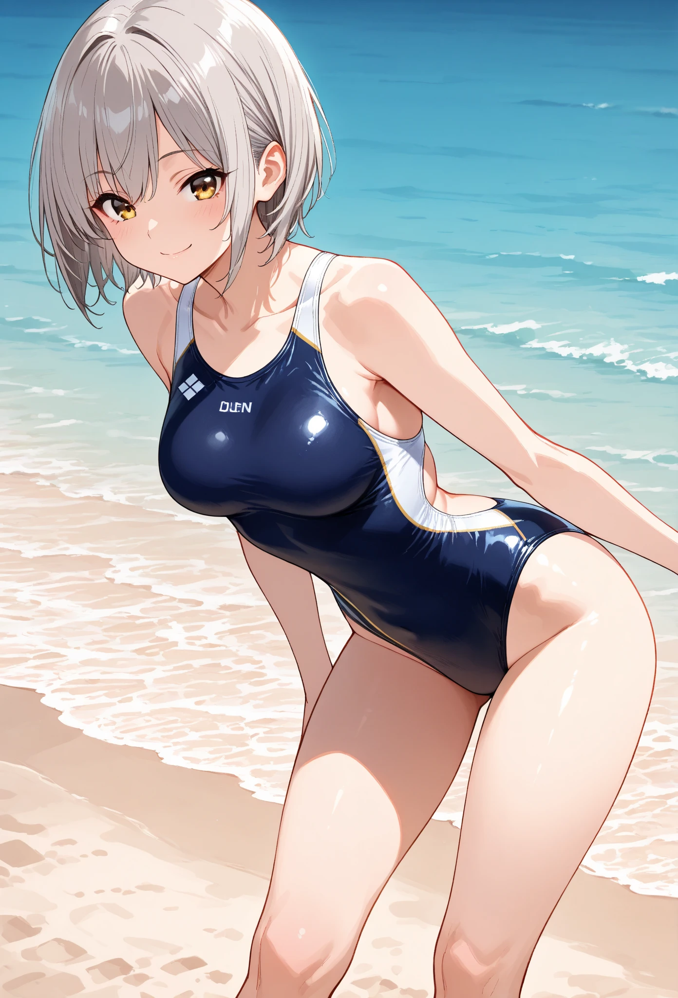 (((best quality)), ((masterpiece)), (details), masterpiece, best quality, high quality, ulutra detailed, perfect face, ((1girl, Blue eyes, cat ears: 1.3 silver bob hair: 2.5,)) 、Shiny Hair、Glowing Skin、blush、Lustful look、Side Angle、Ocean岸、Ocean、evening、Sitting on the shore、Put your face on your knees、View here、One-piece swimsuit with frills、barefoot、smile