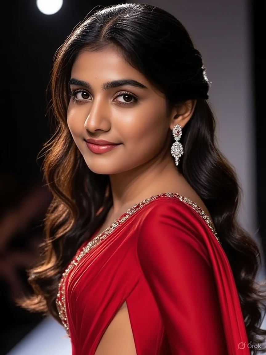 Imagine a beautiful apsra smiling and apsra wear red colour decent cloths And she has shyness on her face she has black and long hair and black eyes too And she is wearing a lot of jewelery and this scene look like heaven she is standing in a modern luxury type home