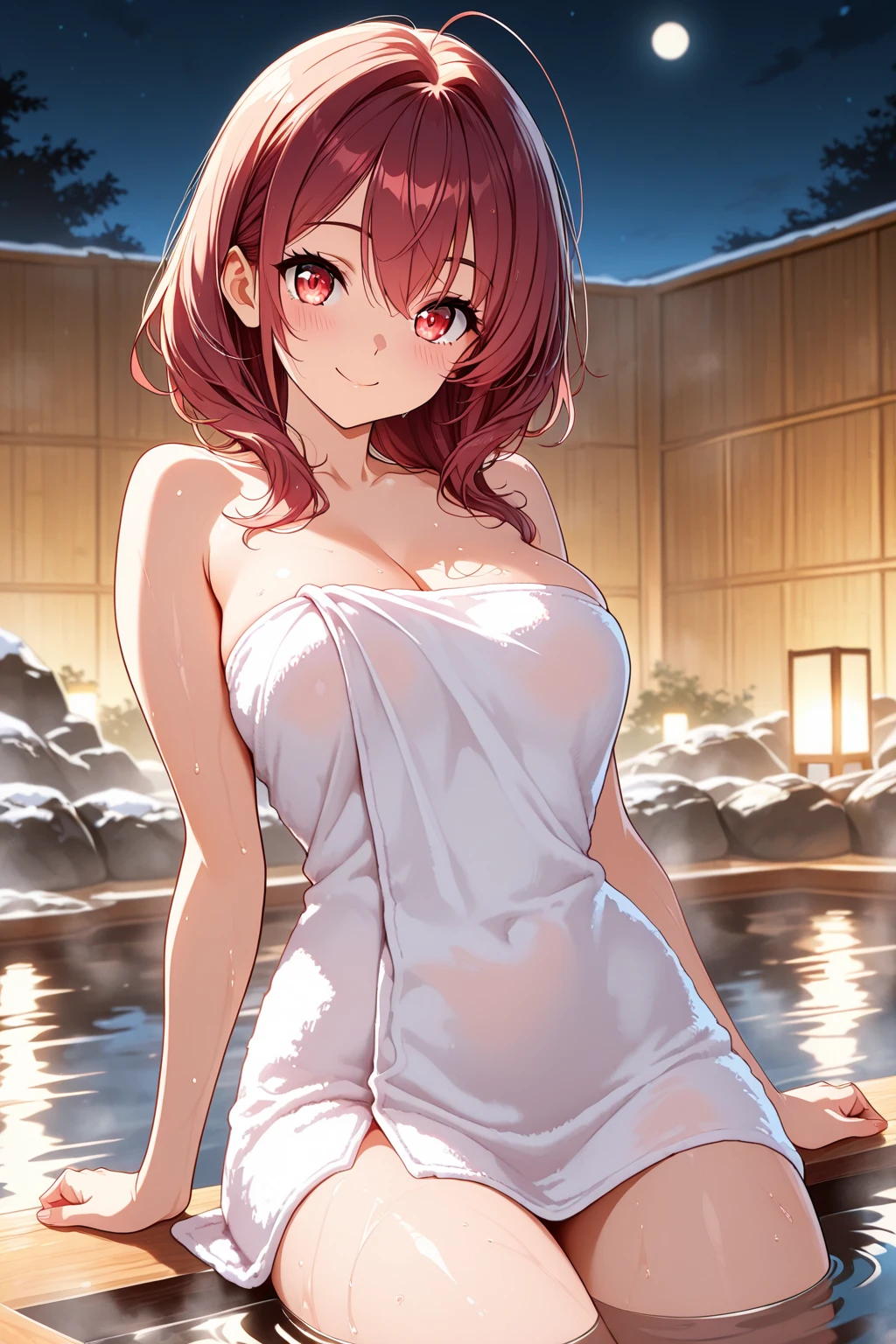 cowgirl, cow girl, red hair, (purple eyes:1.1), short hair,  (cowboy shot:1.2),  (masterpiece:1.2), best quality, high resolution, 8k wallpaper, (illustration:0.8), (beautiful detailed eyes:1.3),perfect lighting, extremely detailed CG, ,nsfw,  (sexy:1.3), (onsen_background:1.3),(Fully wrapped in a bath towel:1.3) , (night) , standing