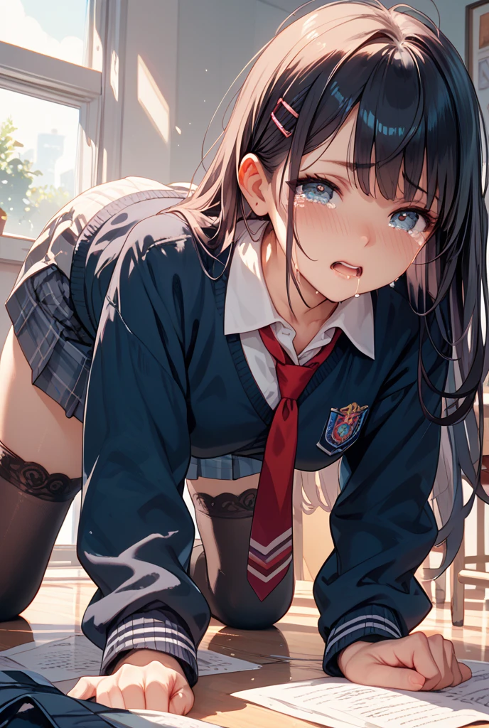 One Woman、One Man、beautiful girl、Brown-haired boy、Beautiful Youth、after school、evening、high school girl、School Nameplate、Blazer uniform、Pleated skirt、Black knee-high socks、Long Hair、In front of the school gate、Highest quality, Thick thighs、Big 、Big Ass、White panties、White bra、Black Hair、The girl has an excited face、A crowd going home from school、Squatting with legs apart、Take off your blazer and roll up your clothes