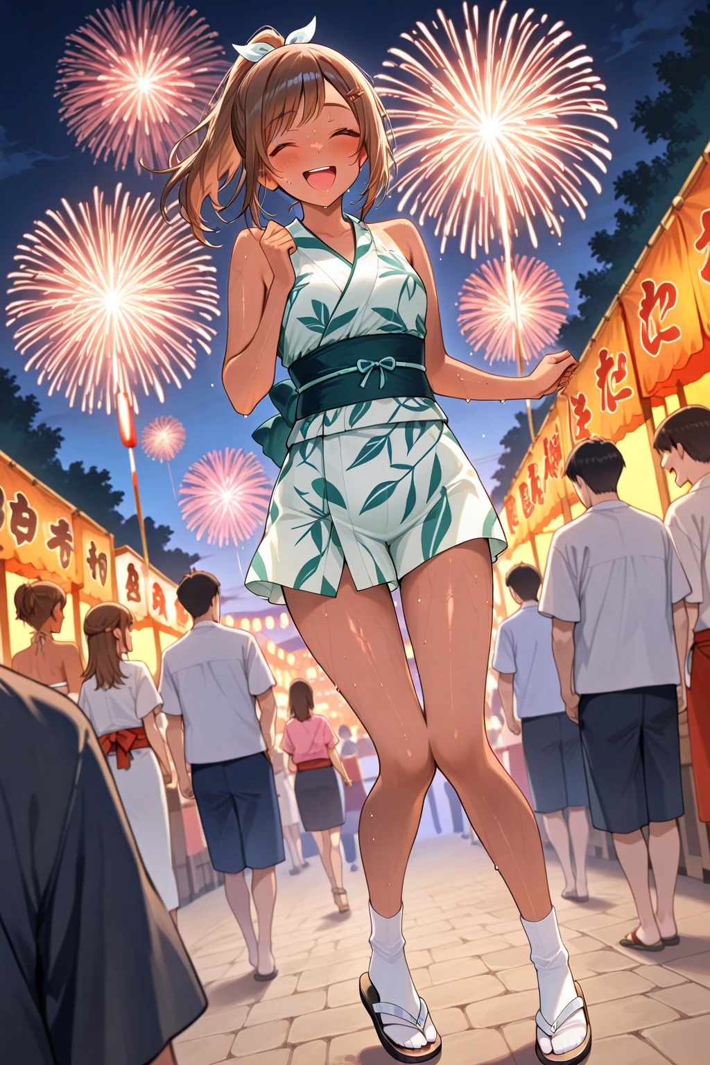 ((masterpiece)),((best quality)),ultra-detailed,illustratio,Explicit,nsfw,Beautiful body,Beautiful Nose,Beautiful character design,perfect eyes,perfect face,wallpaper,ultra highres,8K,photography,(Beautiful, large breasts:1.2),(beautiful face:1.2),(beautiful legs, perfect legs),full body,(meitantei conan \(style\), detecive conan \(style\), meitantei conan),shiny skin,anime screencap,looking at viewer,official style,Suzuki Sonoko,1girl,solo,Standing , blond hair, short hair, pouple eyes,Yukata, panties, bra, Ankle socks, white socks, :d, looking at viewer, big forehead,anime coloring, Night Market, fireworks display,outdoors, dark night,front hair, thigh exposure