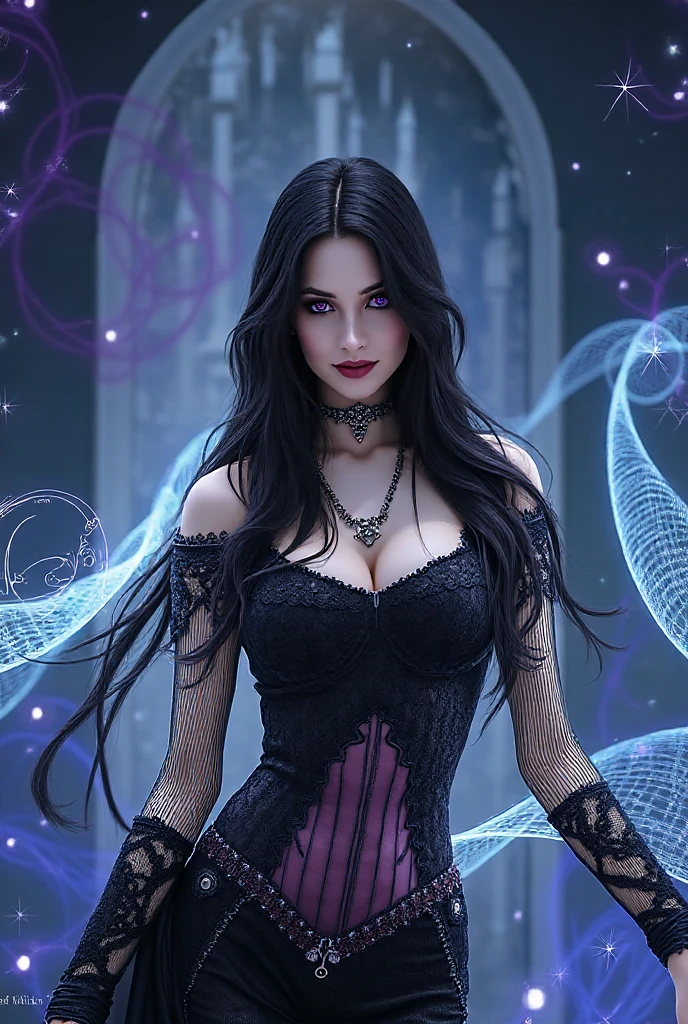Noir painting, Extreme close up of a powerful sorceress, enchantress in glowing black dress (bare shoulders), hourglass figure, curvy, cleavage, long flowing black hair, goth makeup, lush dark red lips, wanting a kiss, facing viewer, looking at viewer, enticing viewer with magic, highly detailed face, alluring blue eyes, real, symmetrical, high detail, best quality, astral body, chaos atmosphere, dark fantasy, Artgerm, 1female, bioluminescent magic elements, clothes, 8k purple magic