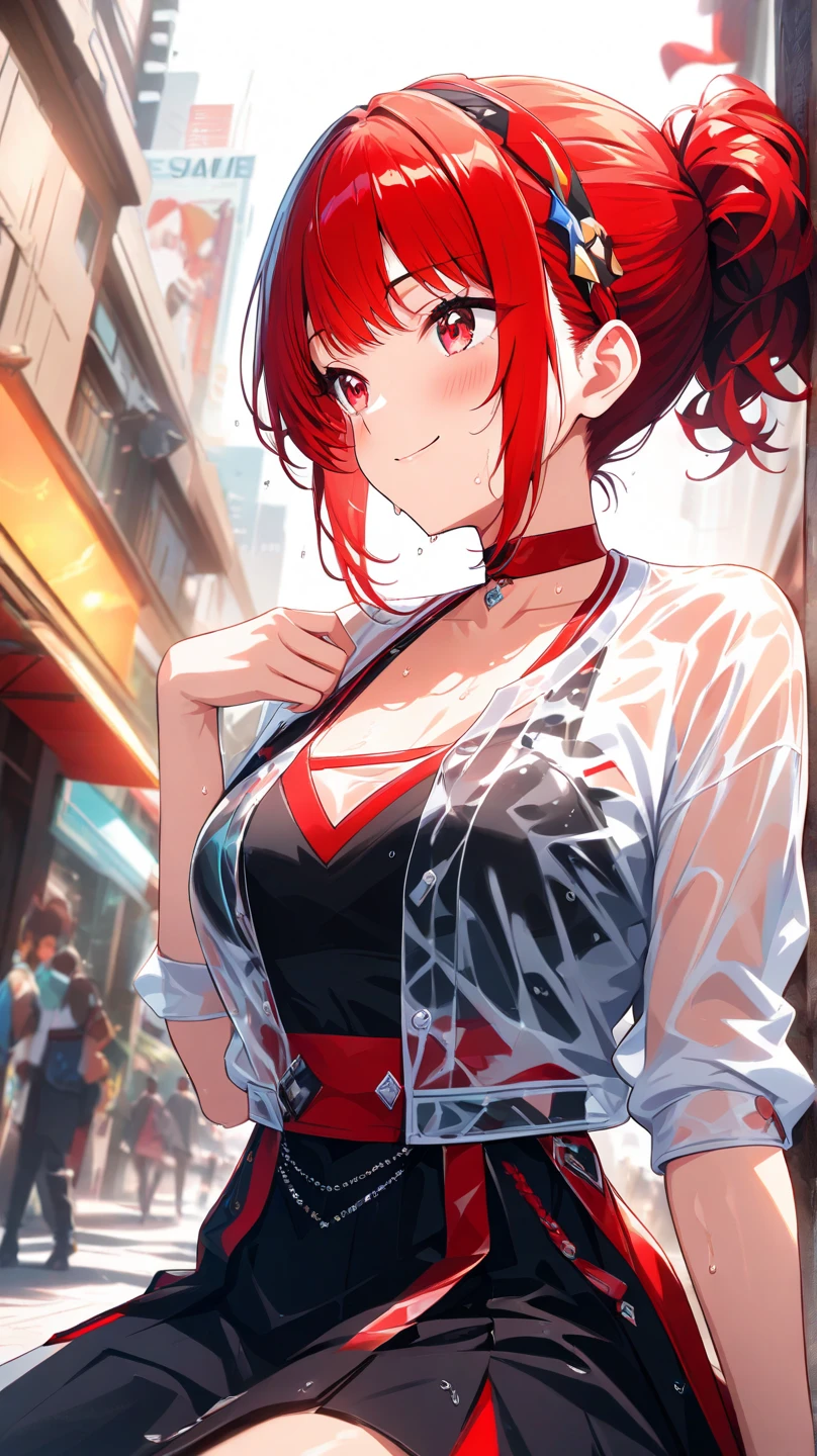1girl,solo,makima \(chainsaw man\), chainsaw man,super detailed skin,shiny skin,wet skin,embarrassed,natural smile ,eyelashes,lips gloss,red hair,sidelocks,a braid, large breasts,cleavage cutout,Blouse,Pleated skirt,Chinatown ,off-street,masterpiece,best quality,ultra detailed,high resolution,sharp focus