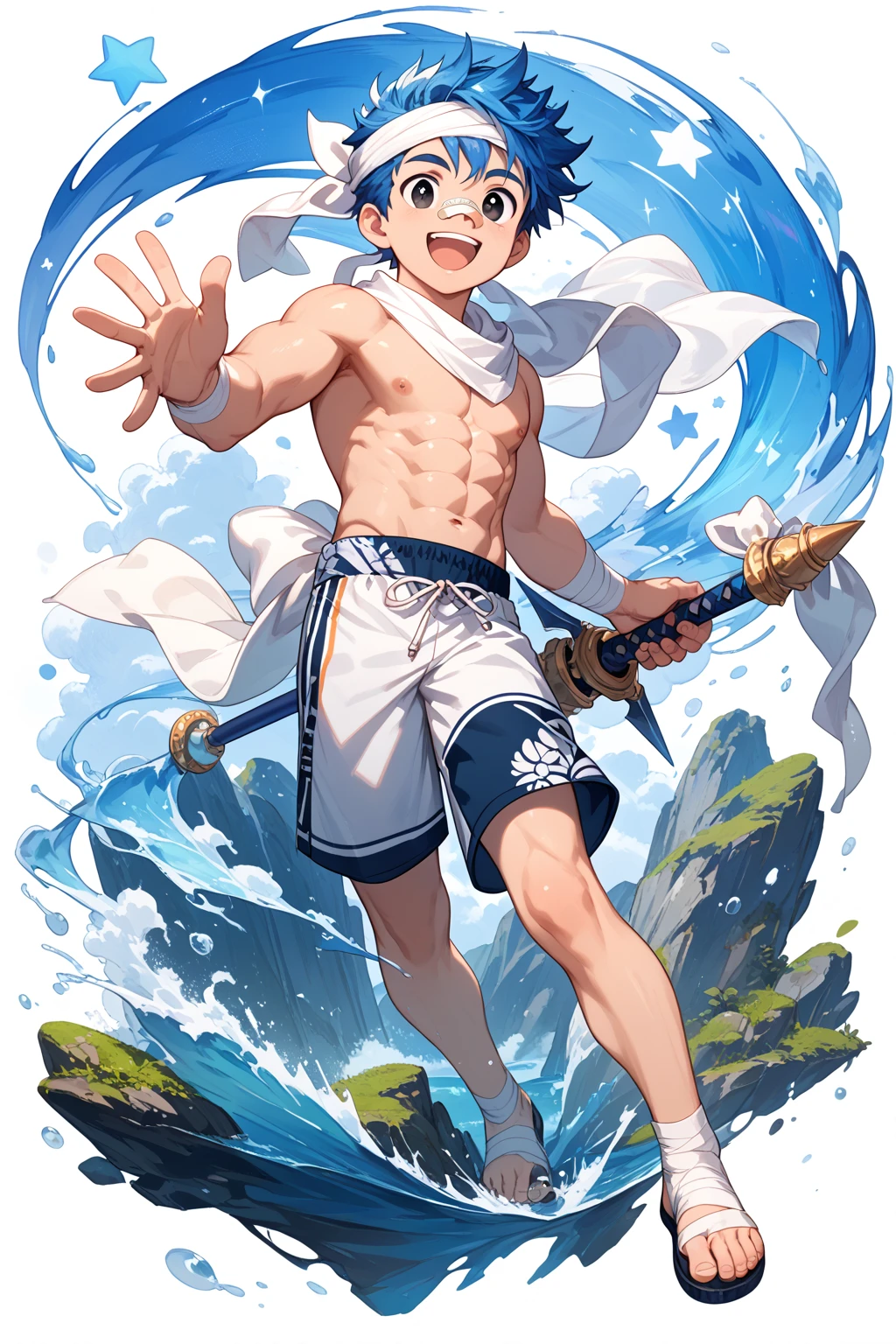 (tmasterpiece), (best qualtiy), (ultra - detailed),Ray, front look, looki at viewer, The upper part of the body, blossoms, Flowingcolors, mostly cloudy sky,of a shirtless