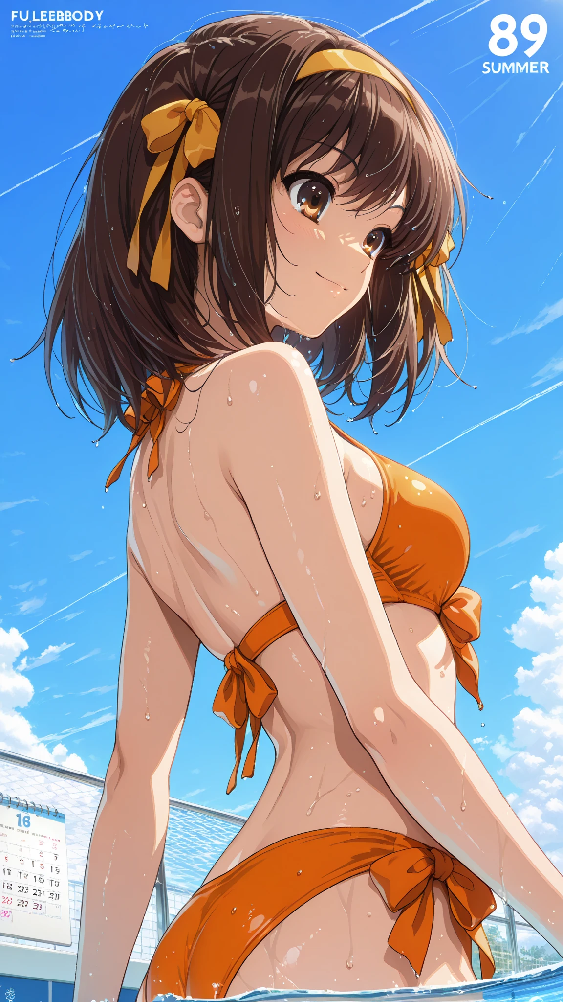 1_girl, solo, sksbrooke person, sksbrooke, (masterpiece:1.2), (best quality:1.2), perfect eyes, perfect face, 1girl, solo, brown eyes, (medium breasts), perky breasts, yellow stripe bandeau top and Brazilian bottom bikini set, beach background, splashing in the water, back turned 
