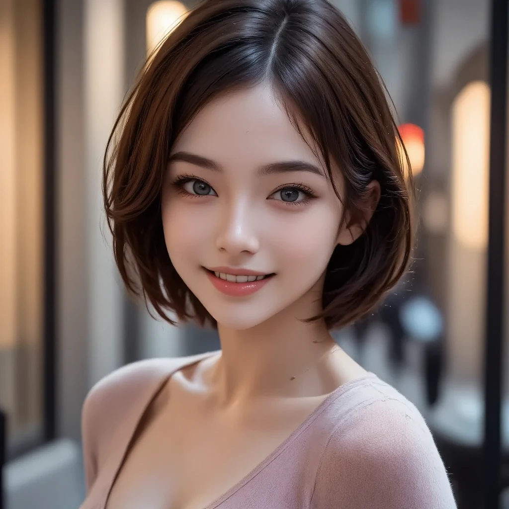 (highest quality, 8k, 32K, masterpiece), (Realistic), (Realistic:1.2), (High resolution), (night:1.7), Japan, cyber punk, 街の景Farbe, In front of the window,Wooden floor, Blue jacket, Grey Shirt, clavicle, jewelry, gem, Brunette Bob, 1 female, 45 years old, (Grin), Beautiful body, beautifulNose, beautifulcharacter design, Perfect Eyes, perfectface, Expressive eyes, View your audience, Center the image, (Cowboy Shot), Official Art, Very detailed CG Unity 8k wallpaper, Perfect lighting,Farbeful, bright_front_face_Lighting,Glowing Skin, (masterpiece:1.0),(Highest_quality:1.0), 超High resolution,4K,Very detailed, photograph, 8k, High resolution, High resolution, absurdes:1.2, Kodak Port 400, Film Grain, Blurred Background, bokeh:1.2, Lens flare, (Vibrant_Farbe:1.2) (beautiful,chest), (beautiful_face:1.5),(narrow_Waist)