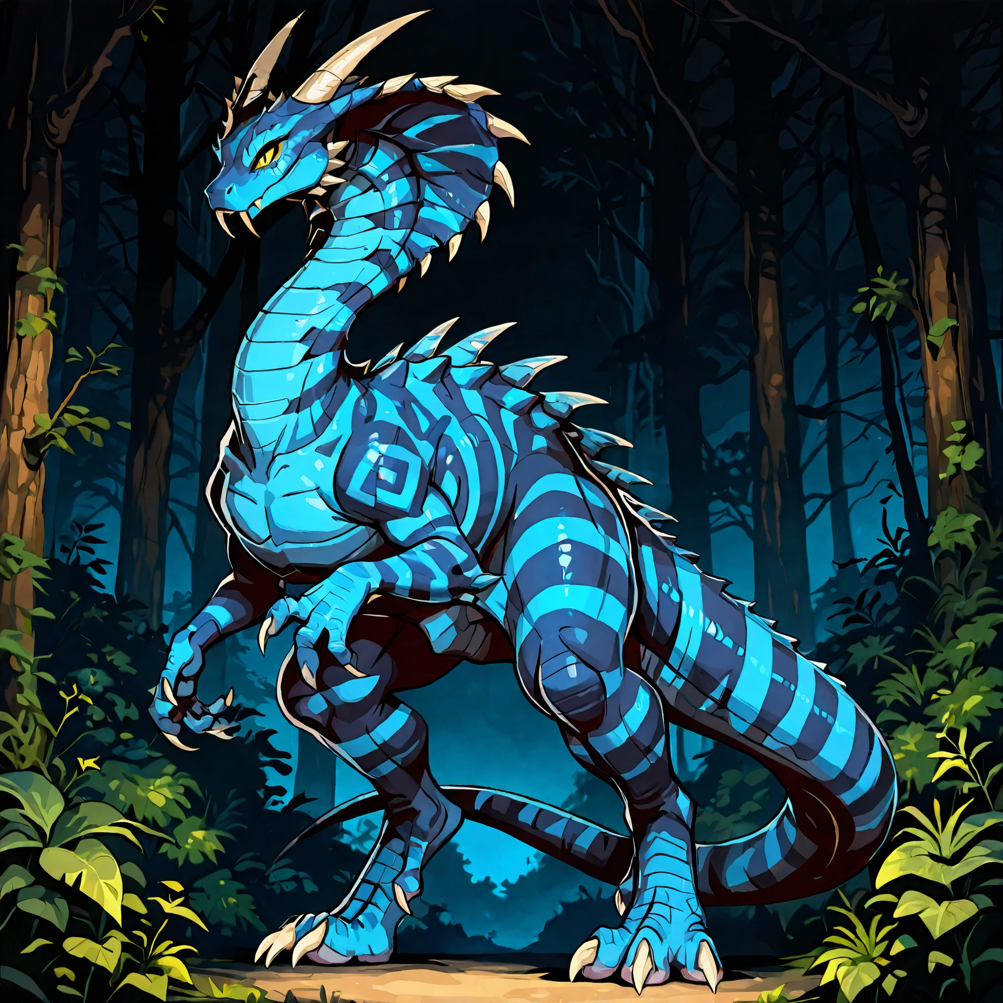 (Solo:5.5), masterpiece, best quality, anime style, anime shading, full body picture, centered, dinosaur, (cobra), monstrous body shape, feral, 1girl, (vertigo), yellow eyes, striped body, dark blue scaled body, (claws), white claws, (horns:1.2), fangs, digitigrade legs, (in a forest), (at night), (dark background), (standing), (view from below),