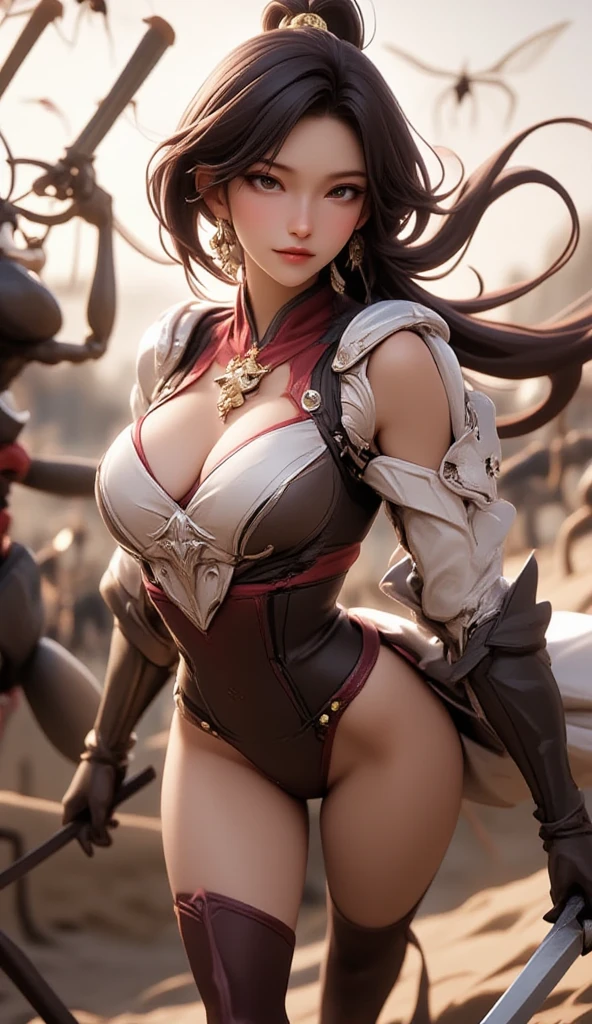 ((masterpiece)),(bestquality),((ultra-detailed)), ((beautiful detailed sky)), ((cinematic lighting)), depth of field, (dynamic angle),detailed lighting,(beautiful detailed eyes),outdoors, red lip, smile,eyeshadow,large breast, sexy, cleavage, monadef