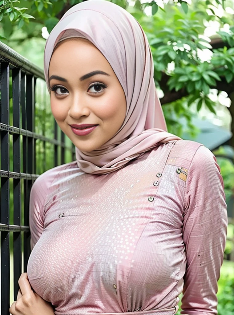 RAW, Best quality, high resolution, masterpiece: 1.3), beautiful Malay woman in hijab,Masterpiece, perfect fit body, ((Huge breast)), erected nipple, biggorgeous eyes, Soft smile,muslim woman in a plain long sleeve shirt and hijab posing for a picture, hijab, with lovely look, with beautiful colors, with accurate face, pose 4 of 1 6, traditional beauty, batik, wearing beautiful clothes, beutifull, with beautiful exotic, attractive pose, cute pose, scarf, wearing plain chiton, very attractive, she is smiling,Delicate turtleneck, necklace, shairband, afternoon walk, City garden, Excellent lighting, Bright colors, Clean lines, Large breasts,