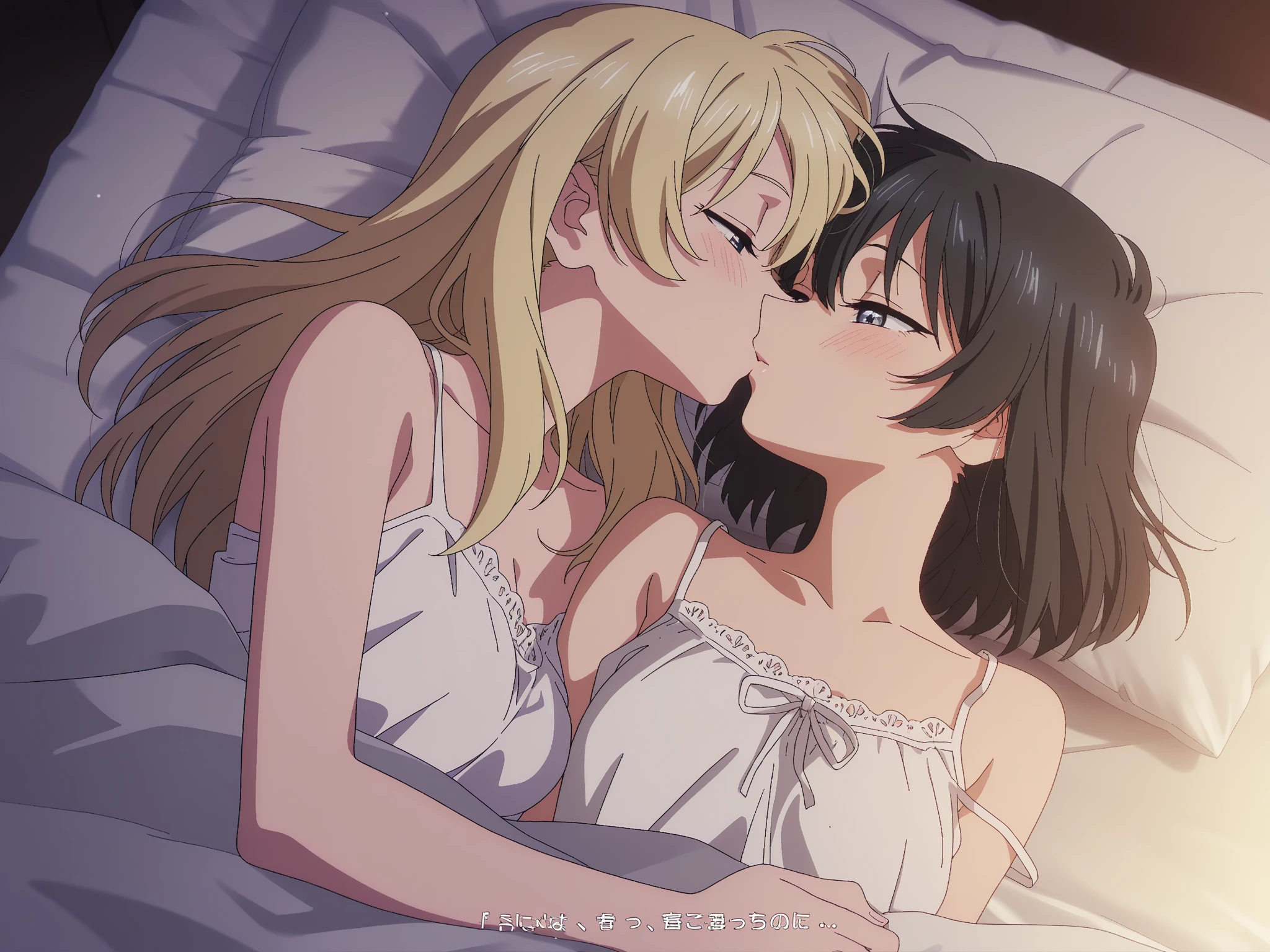 Two Women,Alpha ,Long blonde,gamma,Long Black Hair ((naked))), Big Breasts, Erect nipples, BIG ASS, kiss, (adult)
 ((White liquid dripping from the crotch)),Love Hotel,My crotch is wet,Lying in bed(masterpiece:1.2), High resolution, Highest quality, 8k,