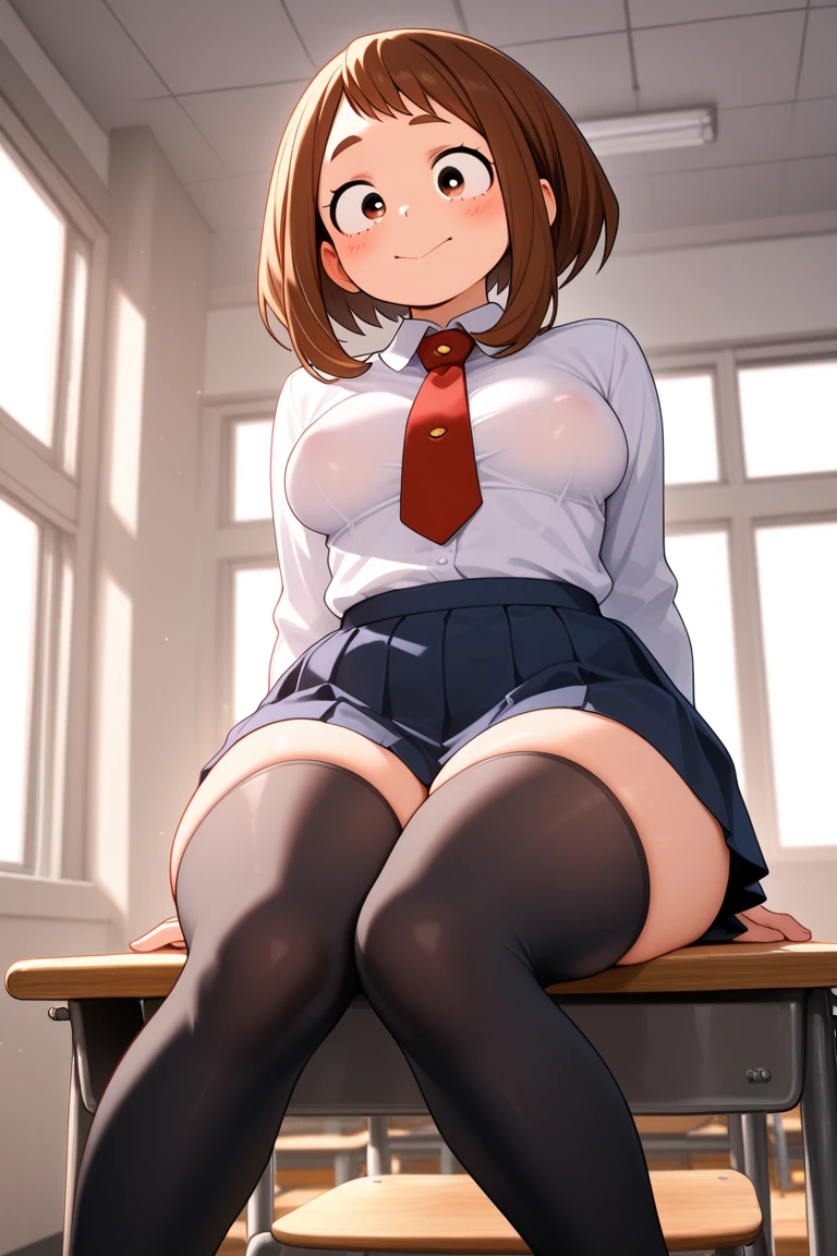 masterpiece, Highest quality, High resolution, 1 Girl,Airoha, Medium Hair, Neck ribbon, Collared shirt, blazer, Black jacket, Open jacket, Long sleeve, Check skirt, Hands on hips, street, Are standing, Small head, Wide pelvis, Thick thighs, (Large Breasts), (Roll up your skirt:1.5), (スカート that rolls up:1.5), (Panties in full view:1.5), (Red panties:1.5), (View of the crotch from below_perspective:1.5)