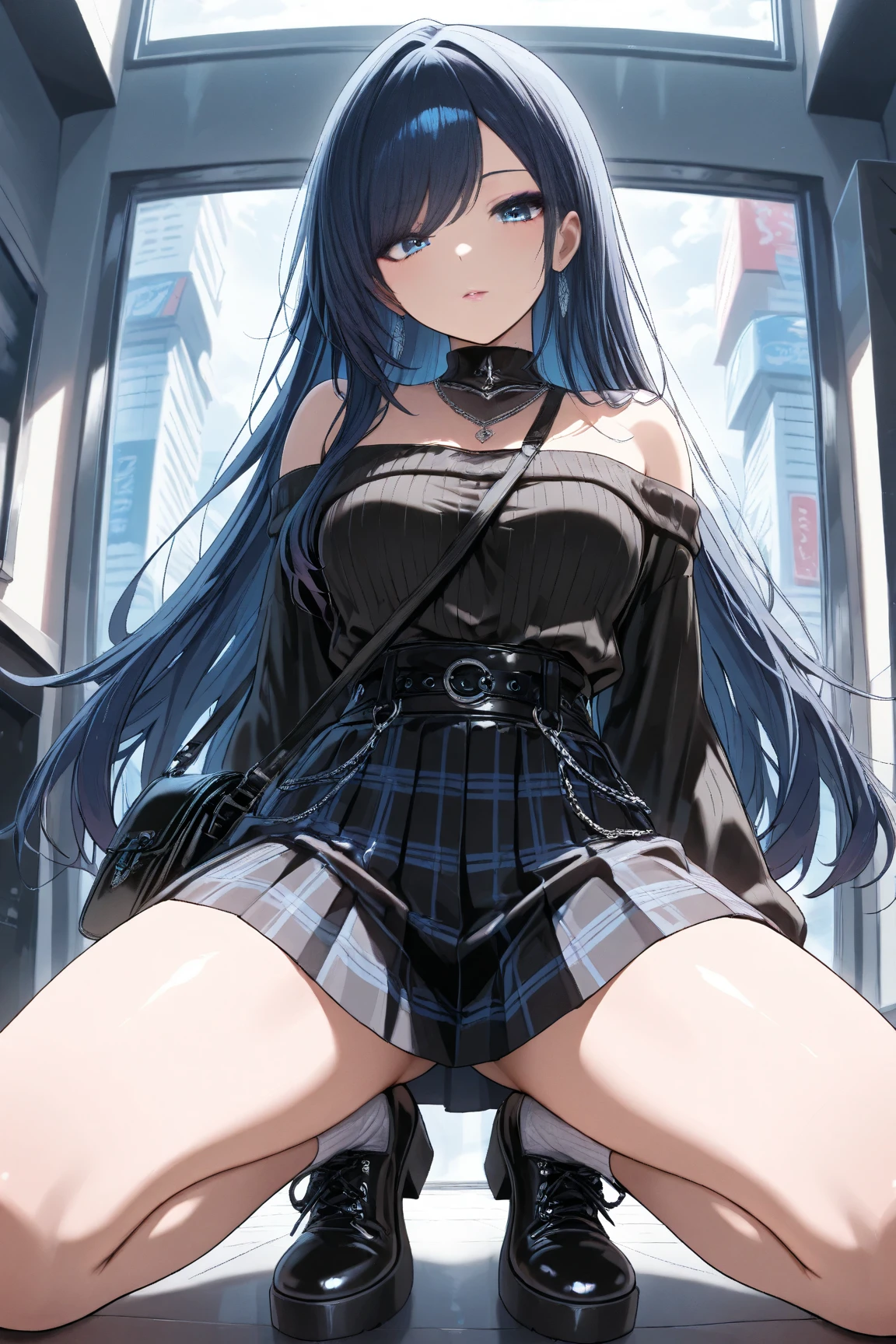 woman, long curry wavy blue hair, dark gray black eyes, independent woman, kind smile. mature woman. mafia. wear jacket