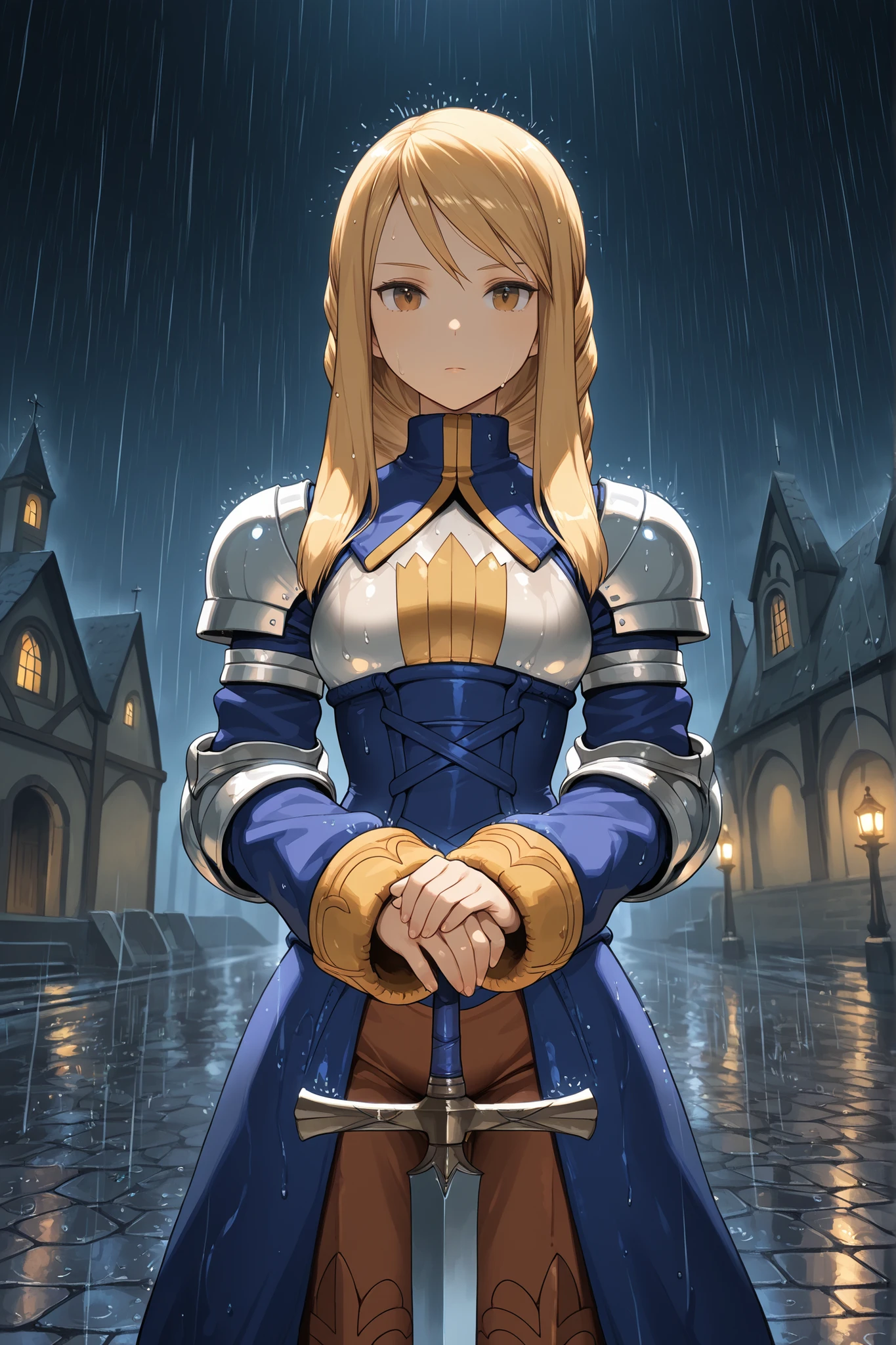 masterpiece, Character, Final Fantasy Tactics, Agrias Oaks, holding a sword, stone church, raining, night, wet pavement portrait shot
