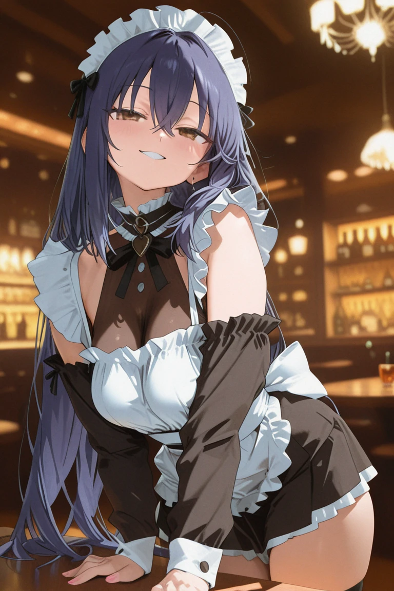 dark blue hair,,long hair,blue eyes,pointy ears,elf,,(((black bunny suit,bunny ears))),in the club,tray,drinks