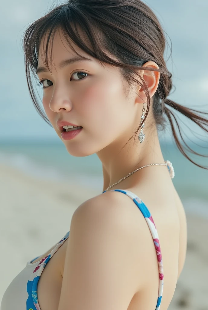 (masutepiece:1.3), High resolution, ultra-detailliert, the Extremely Detailed CG Unity 8K Wallpapers, Realistic, Photorealsitic, Raw photo, beautifull detailed face, pale skin, realistic glistening skin, Detailed Cloth Texture, detailed hair texture, Perfect Style, Beautiful face, acurate, Anatomically correct, Highly detailed face and skin texture, Detailed eyes, Brown eyes, Double eyelids, Thin eyebrows, (Symmetrical eyes:1.2), (Glitter Eyeliner:1.2), Natural cheeks, Wet skin, (Fair skin:1.2), shiny necklace and earrings, (Glossy lips: 1.5),
BREAK
(Wearing a classy royal blue bando bikini:1.2), (strap sandals,:1.1), 18year old, a Innocent and cute girl, Focus on Face, (Layered hairstyle), (hair blowing in wind:1.2), Medium Long Hair, (Large breasts:1.1), (embarrassed:1.2), (blush), ((Sit in Pretty Gravure Pose :1.2)),
break
At the beach house, Looking at Viewer, (Beautiful crystal clear sea in the background), (Perfect cloudless weather), (Cowboy Shot:1.2), From Side,