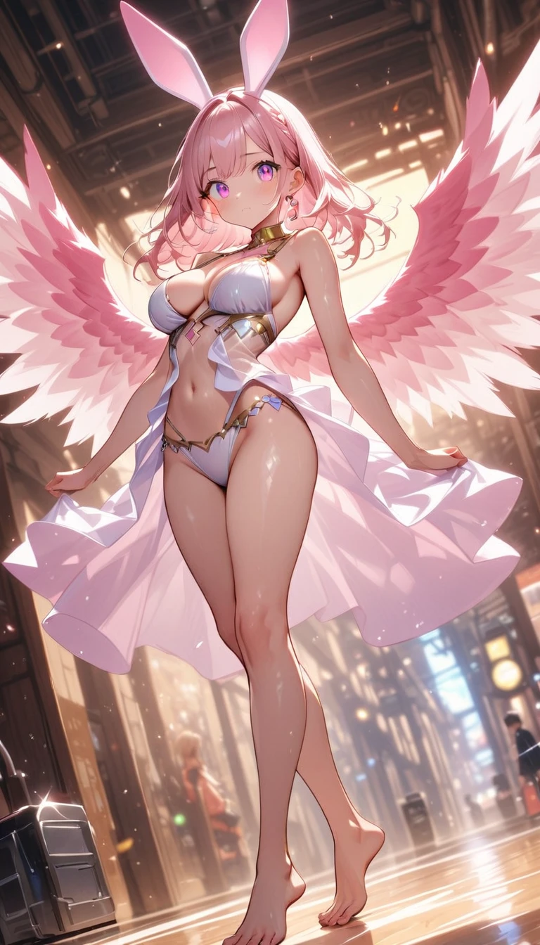 Aerial View，giant girl 50,000 feet high，Weight 1000kg，Has a pair of huge pink angel wings，With huge devil horns on his head，Has waist-length pink hair，loose hair，Pink wavy hair，Pink crown，Wearing a pair of pink Mary Jane high heels，Pink lace gloves，Pink lace pantyhose，Pantyhose with bow and star decorations，粉色蕾丝whole body，Standing upright on a small city，Beautiful appearance，Exquisite makeup，quality，8k，高quality，Perfect proportion, Cinema lighting，film grain，Fuji colors，8k，textured skin，Super details，high detail，high resolution，fake smile，blood stains，脚底有blood stains，whole body，Obese，feather