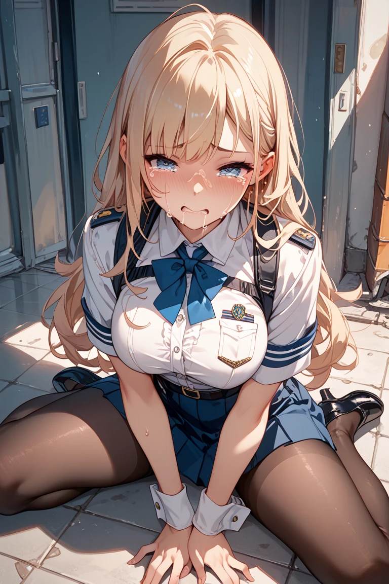 ((masterpiece, best quality)), high resolution,ultra detailed, detailed background, perfect lighting,detailed beautiful eyes,1girl,nsfw,perfect beautiful pussy,embarrassed,blush,look at viewer,steam,sweat,aroused,(close up face:1.1),(from front, from above:1.2), (1boy,1penis) ,(lick urasuji tongue:1.2),(fellatio:1.2),(stick tongue out,saliva,drivel),hetero,penis insert mouth,tear,blazer,skirt,school bag,blond hair,green eyes,perfect fingers
