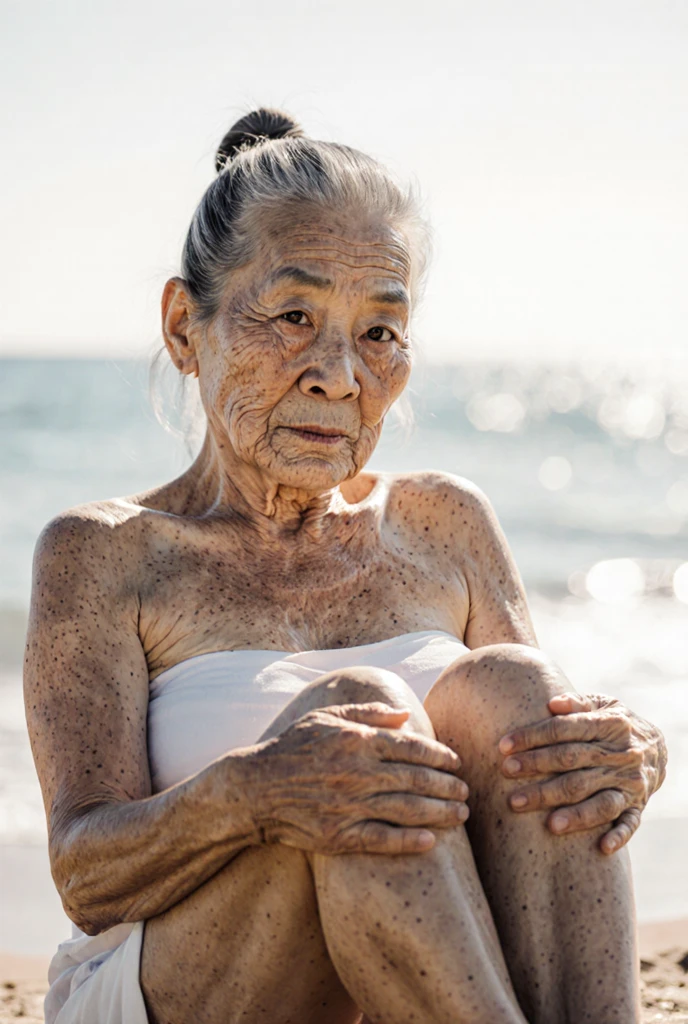 topless 88 years old female, withered wrinkled breasts, sitting on the beach