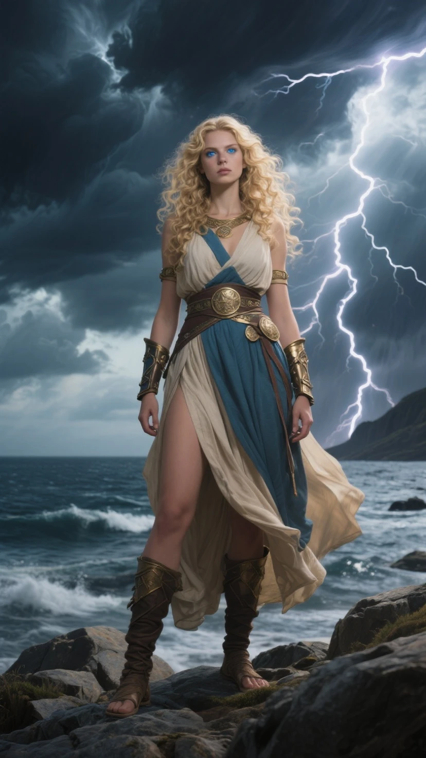 (masterpiece), cartoon, best quality,(photo_(medium):1.0), by Antonio J. Manzanedo, by Jeremy Lipking, lightning, in a surreal clouds landscape, painting style with watercolor, Brushstrokes, black eyes,colorful,vibrant colors,1 ultra hot gorgeous European woman. Blonde hair. Goddess. Blue hue clothes. Walking above clouds.