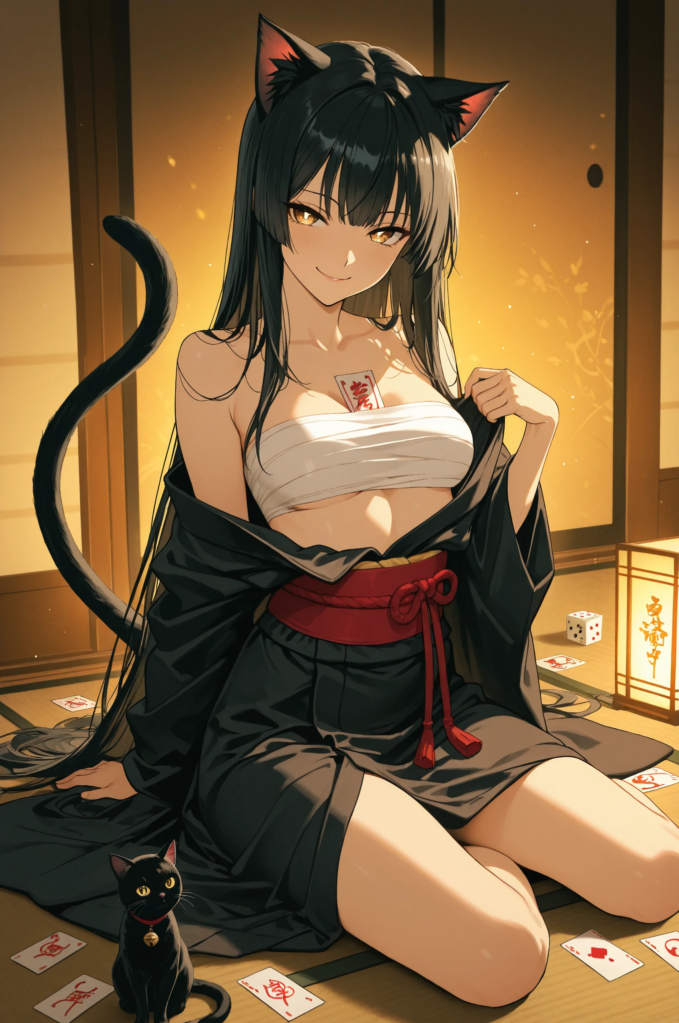 (extremely detailed CG unity 8k wallpaper),(masterpiece),(best quality),(ultra-detailed),(best illustration),(best shadow),(absurdres),(detailed background), <lora:OGT_Kuroka_Toujou-v1:0.9> Kuroka Toujou, 1girl, breasts, animal ears, solo, tail, large breasts, crossed legs, black hair, cat ears, cleavage, japanese clothes, smile, sitting, sitting on bed, cat tail, kimono, long hair, multiple tails, off shoulder, bare shoulders, hair rings, night, looking at viewer, sandals, sash, yellow eyes, legs, pale skin, makeup, obi, bangs, slit pupils, indoors, bedroom, night
